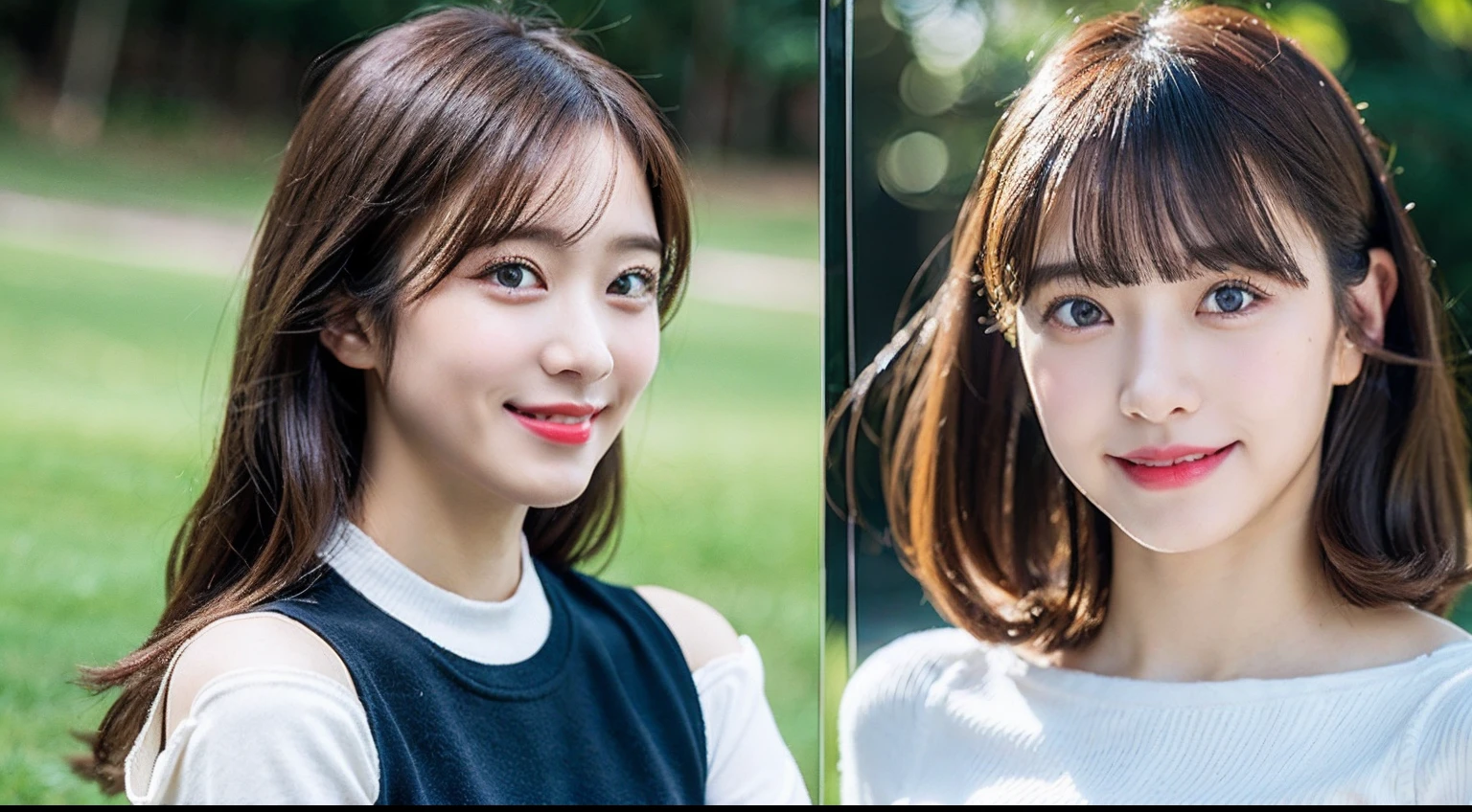 top-quality、超A high resolution、(Photorealsitic:1.4)、(1人:1.3)、kawaii eyes、Off-the-shoulder shirt、tight skirts、Black Choker、(Dark brown hair:1)、looking at viewert、a closeup、Smile with closed mouth