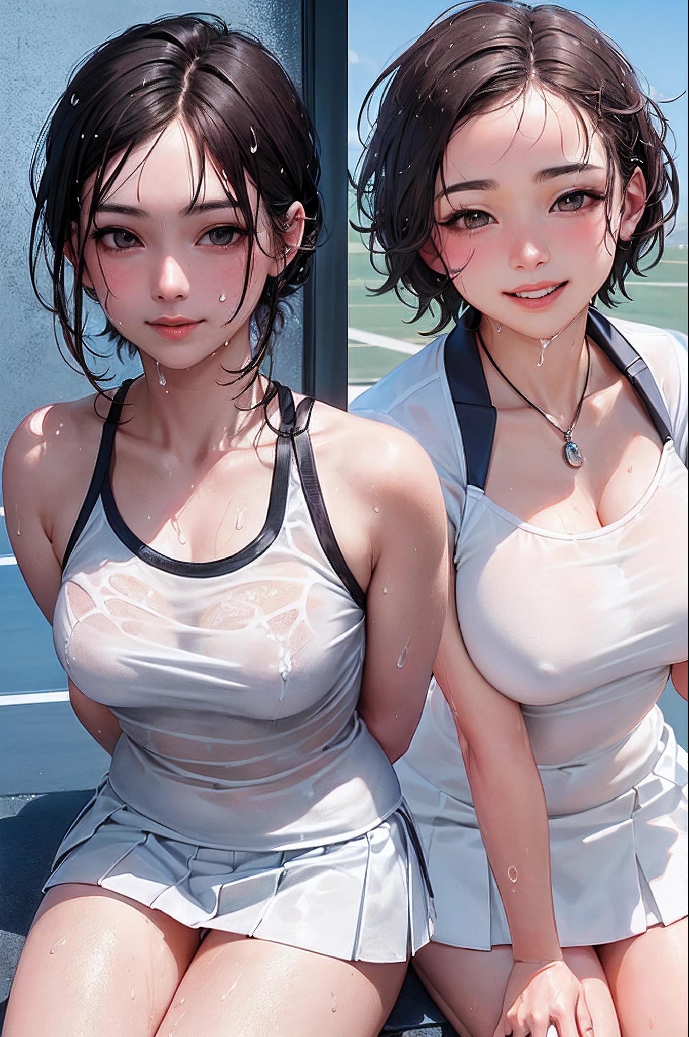 tmasterpiece, 1girl in, 独奏, glowing light eyes, White sneakers, tennis wear, white mini-skirt, white  panties, white knee-socks, tmasterpiece, top-quality, hentail realism, ultra - detailed, blue-sky, tennis coat,  (Extremely delicate and beautiful work), ((masuter piece)), (Best quality), glamour body, One lady, 20yr old, (Wear tennis clothes:1.5), (taut),  (Sexually aroused face:1.4), ( shoulder cut hair,(Fair skin:1.2), Bright lighting, Natural lighting, Realistic lighting, lovely lips、delicated face、(hentail realism、Photo_Realistic:1.4)、((top-quality、tmasterpiece:1.3))、20yr old、((Brown hair))、((A shower、White turbid water))、((lewd poses))、((Functional))、((soaked breasts))、(((Soaked body)))、(((soaked pubic hair)))、A smile full of happiness、Poses that fascinate men、seduct smile、Upper body naked、((()))、(((Sex life)))、(((Expressions in a state of excitement)))、(((lack)))、short-hair、toppless、(((())))