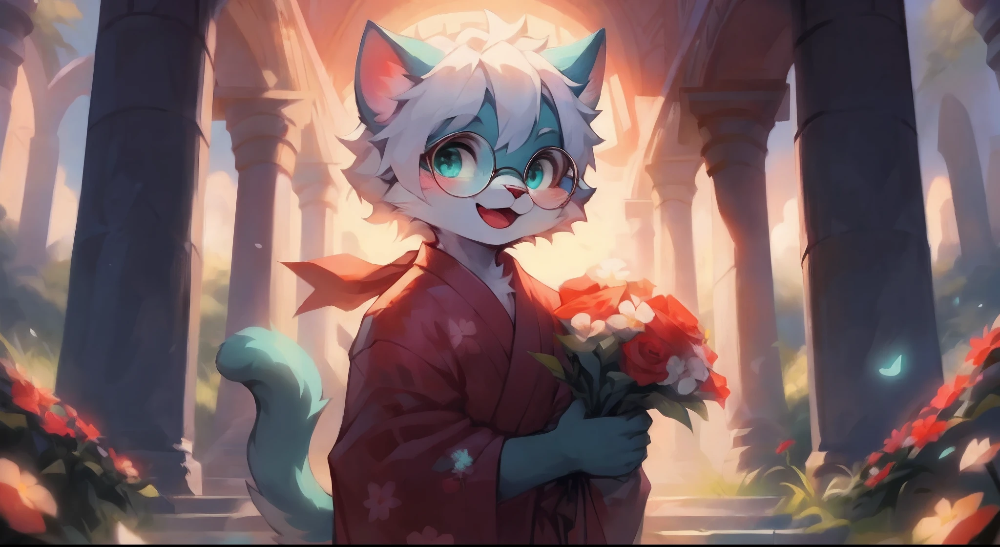 a portrait of a sexy fully grown mature and aged adult male cat with big circle glasses and a red scarf, The cat is very tall. bushy tail, and perked-up fluffy big ears, one ear is lowered. He wears a fluffy warm and cozy kimono, a handsome cat fursona with teal fur color, the chest has white fur, white fur around mouth and cheeks, white hair, fluffy black cat ears, fluffy white neck. he is holding a bouquet of flower with both of his hand, he have an open mouth teethful smile. there are fields of flowers in the background, there are pillars in the background, extremely detailed background, detailed eyes, very detailed