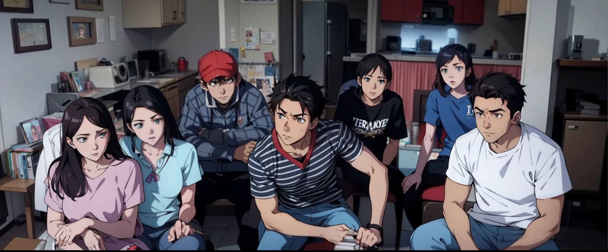 Anime scenes, A group of high school teens watching TV.