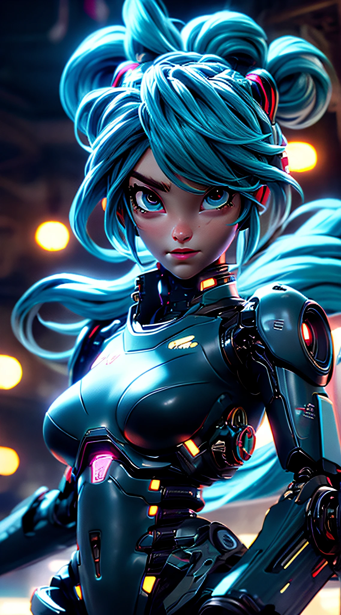 cgmech, beautiful eyes, upper body, underboob,  portrait, robot, armor, Hatsune Miku, neon light, 8K, RAW, best quality, masterpiece, ultra high res, colorful, (medium wide shot), (dynamic perspective), sharp focus , (depth of field, bokeh:1.3), extremely detailed eyes and face, beautiful detailed eyes,large breasts,(black gold, trimmed gear:1.2),(In a futuristic weapons factory:1.2), ((masterpiece, best quality)), Detailed background, spaceship interior