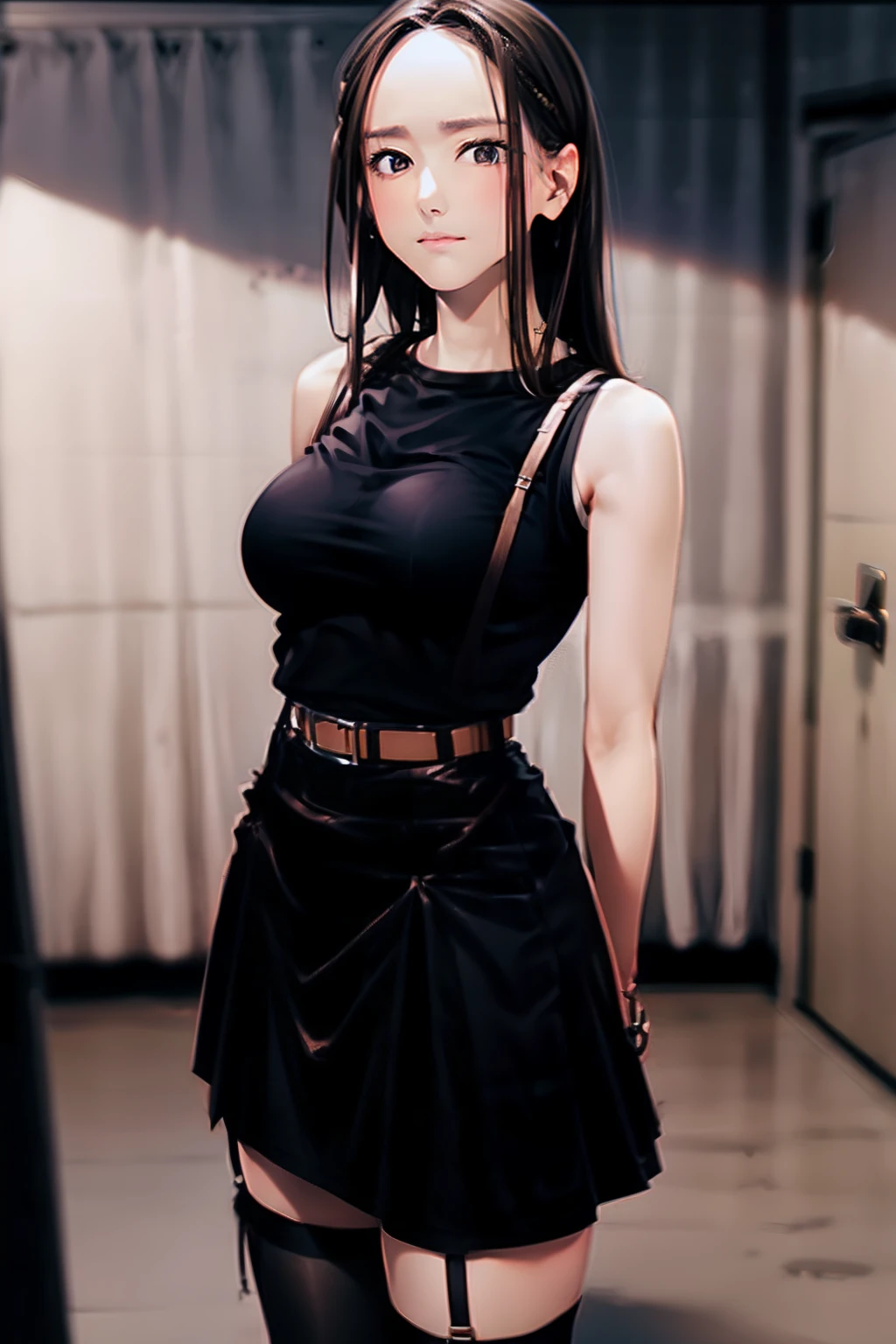 Black skirt, Black Tank Tops　suspenders, Brown hair short, Gray eyes, Garter belt on the legs, Tight clothes, 　　 a belt　Armpit sweat　　deadpan　large full breasts　Forehead Center