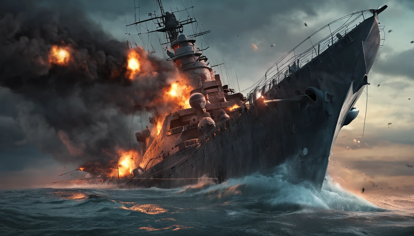 A battleship from the time of World War II sank to the side