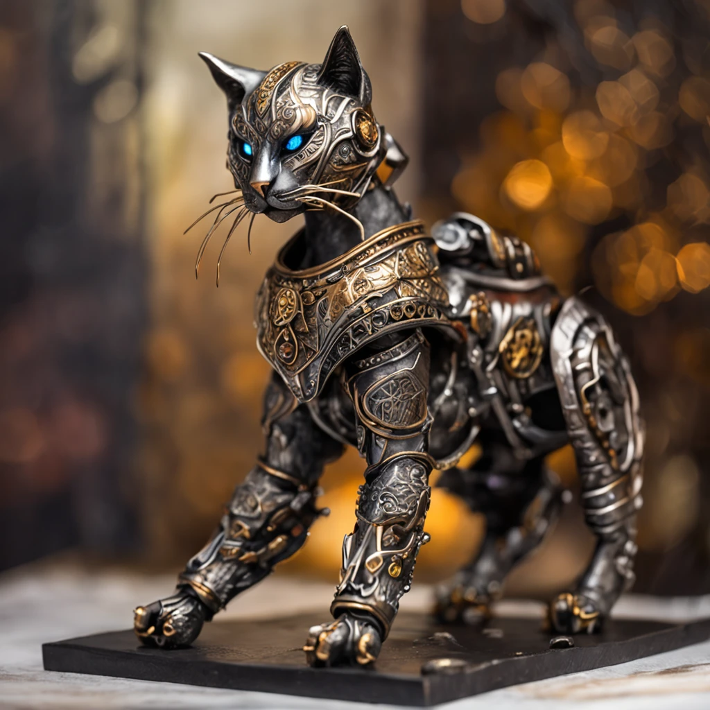 top-quality, Dramatic Lighting, menacing pose, fierce look, epic atmosphere, (((Helmet in the shape of a cat's head))), (((Full body shot))),Metal Cat, cyborgs, Cyberpunk style, Clockwork, ((Intricate details)), nffsw, ((Intricate details, hyperdetails)), incandescent lamps, cinematic shot, Vignette, bokeh effect beckground, Cat), (Full body shot).