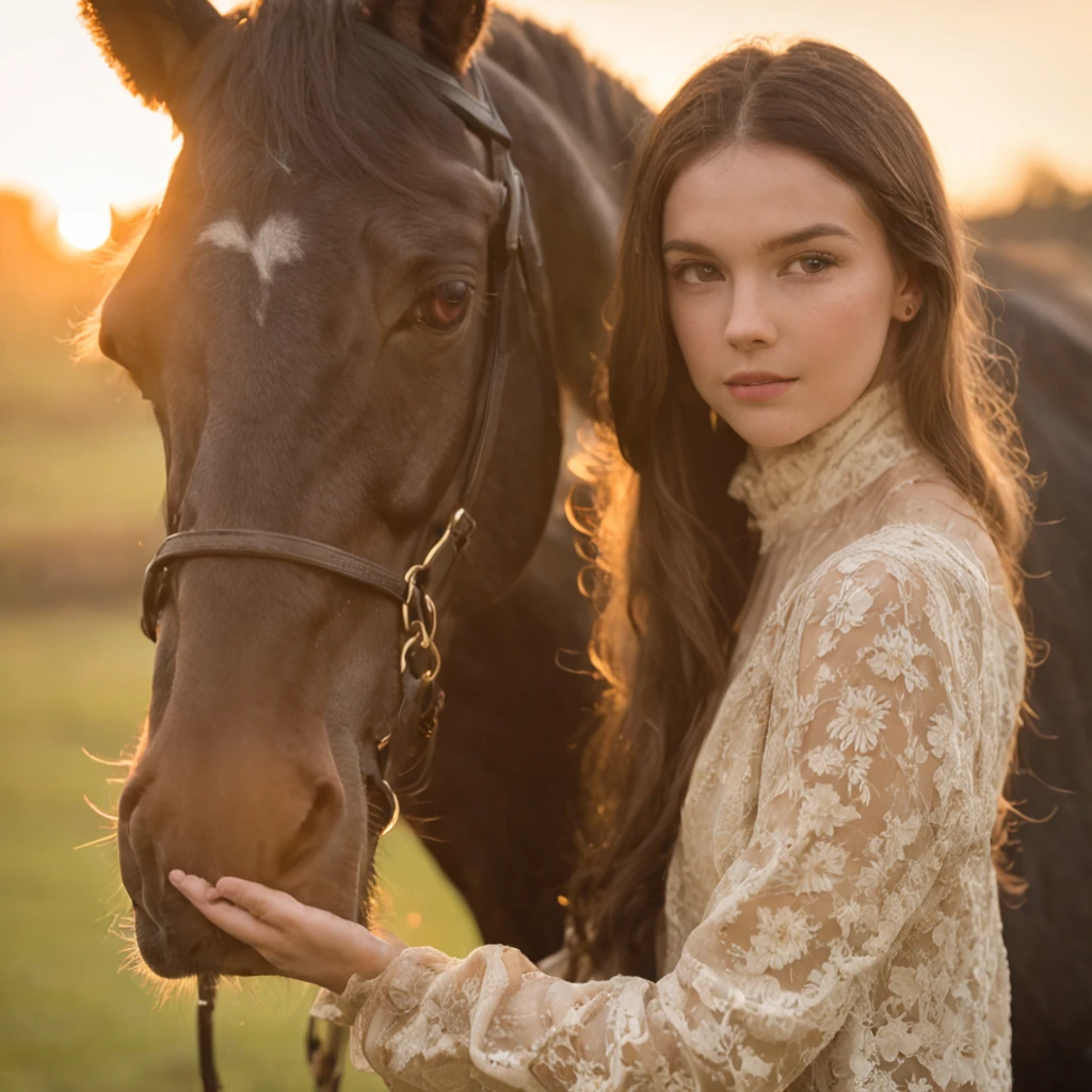 there is a girl who is next to a horse, uma foto de Wayne England, Vencedor do concurso Pixabay, Romantismo, morning golden hour, Hora de Ouro Brilhante, in the sunset, luz do nascer do sol, sunset light, Luz da Hora de Ouro, luz dourada suave, luz dourada, in the sunset, na hora dourada, Na hora dourada, pony, luz quente, lobos selvagens no fundo
