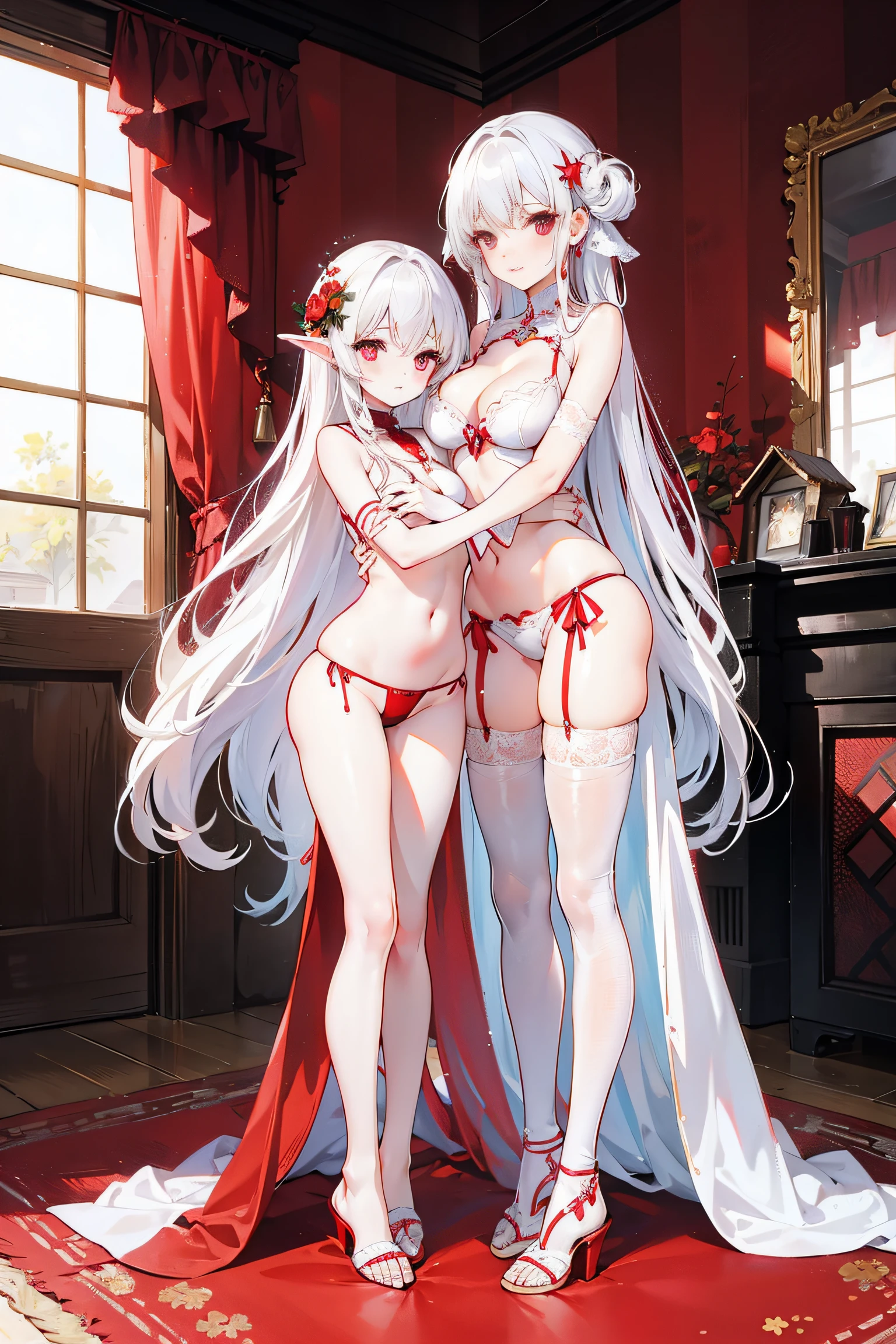 Full body photo of two beautiful petite y women,Long white hair,red color eyes, Hugging woman, Village, Country house, indoor, Playful, lecriendly,White thongs are exposed,highest quality