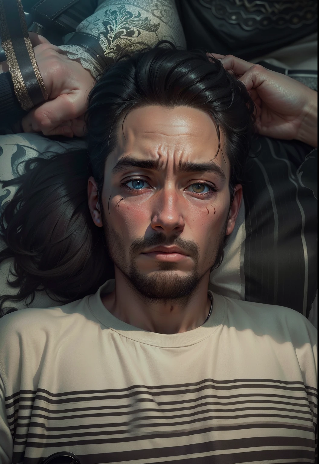 realistic image of a man with black hair and blue clothes, buried alive, trying to get out of the coffin, expression of effort, dark environment