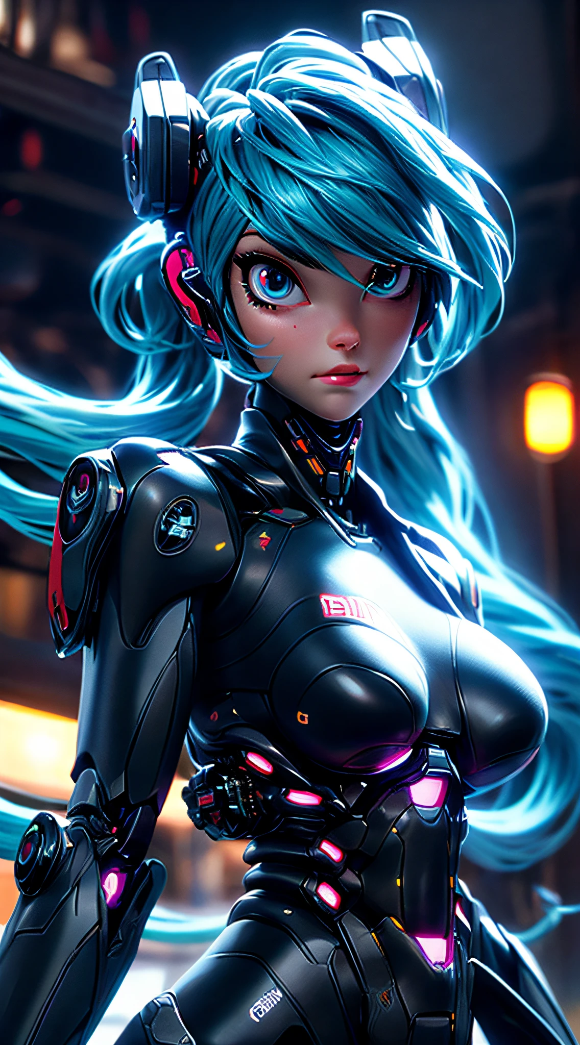 cgmech, beautiful eyes, upper body, underboob,  portrait, robot, armor, Hatsune Miku, neon light, 8K, RAW, best quality, masterpiece, ultra high res, colorful, (medium wide shot), (dynamic perspective), sharp focus , (depth of field, bokeh:1.3), extremely detailed eyes and face, beautiful detailed eyes,large breasts,(black gold, trimmed gear:1.2),(In a futuristic weapons factory:1.2), ((masterpiece, best quality)), Detailed background, spaceship interior