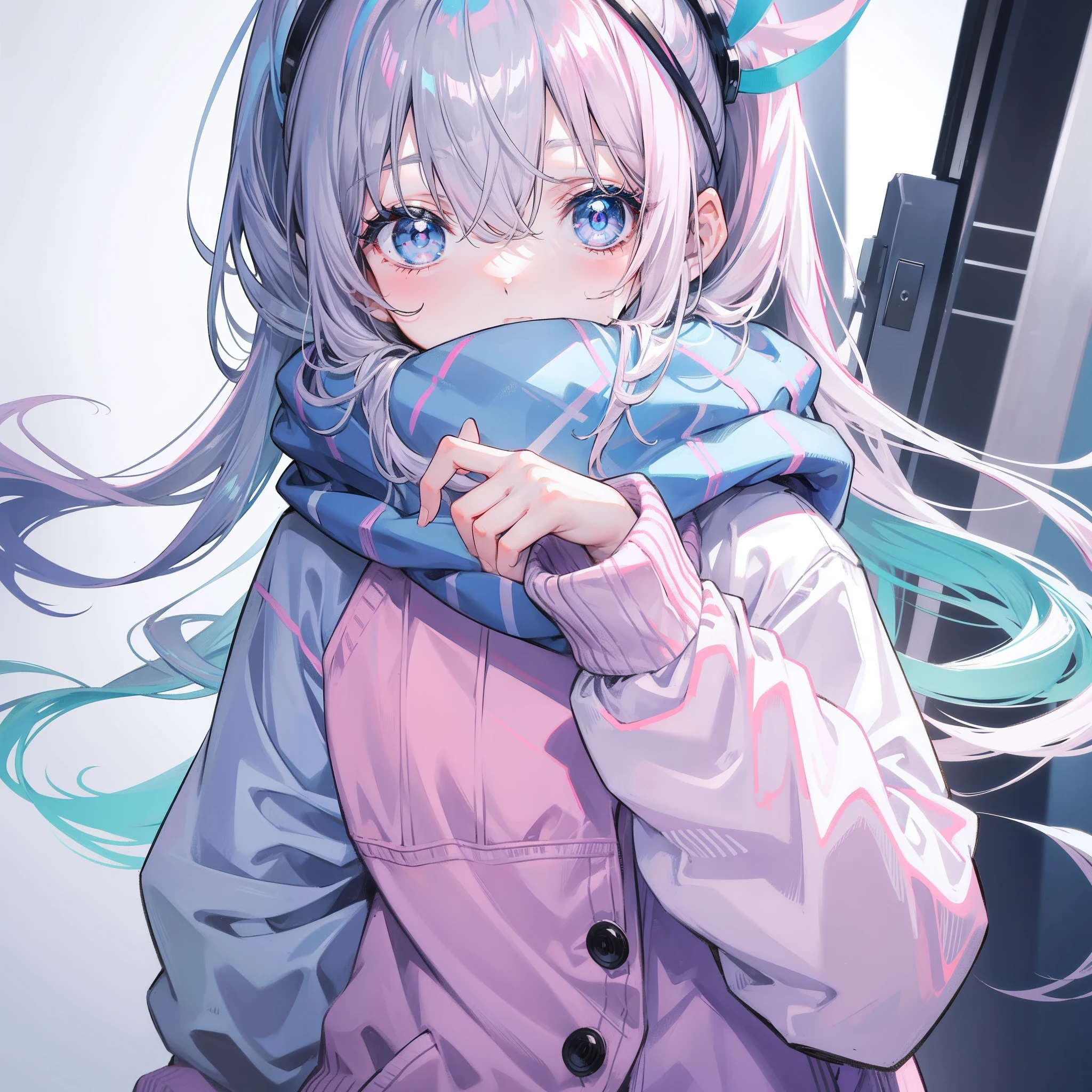Gray-pink bangs,Blue-green pupils,Wear a silver-white jacket and pink sweater,Wearing a blue scarf,It's a cute girl