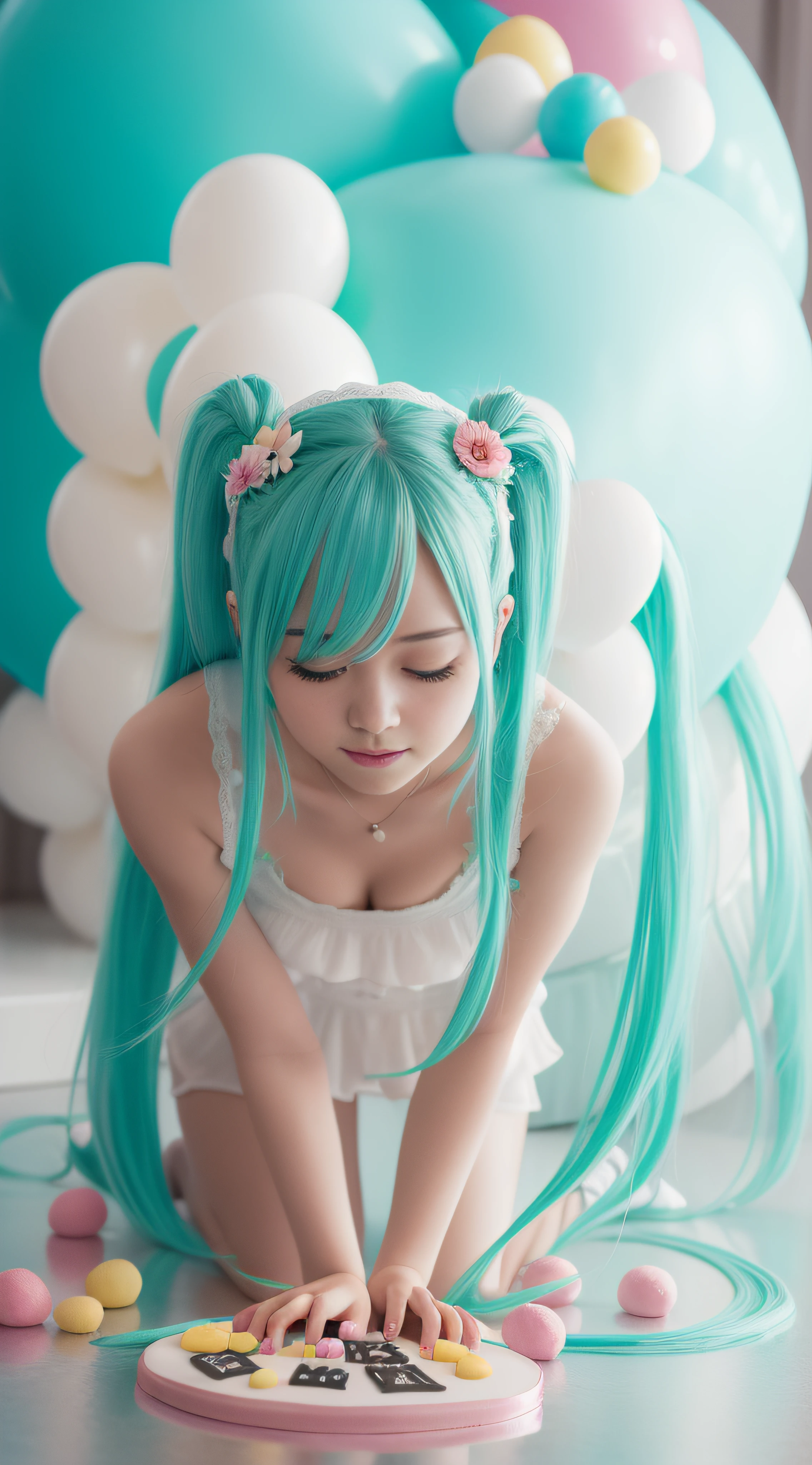 Hatsune Miku sits on a huge creamy birthday cake,The birthday cake is lit with colorful birthday candles,happy birthay,ssmile,exquisite facial features,Elaborate Eyes,Gentle and shy face,Peerless beautiful girl,Advancedsense,Hold the strawberry between the buttocks