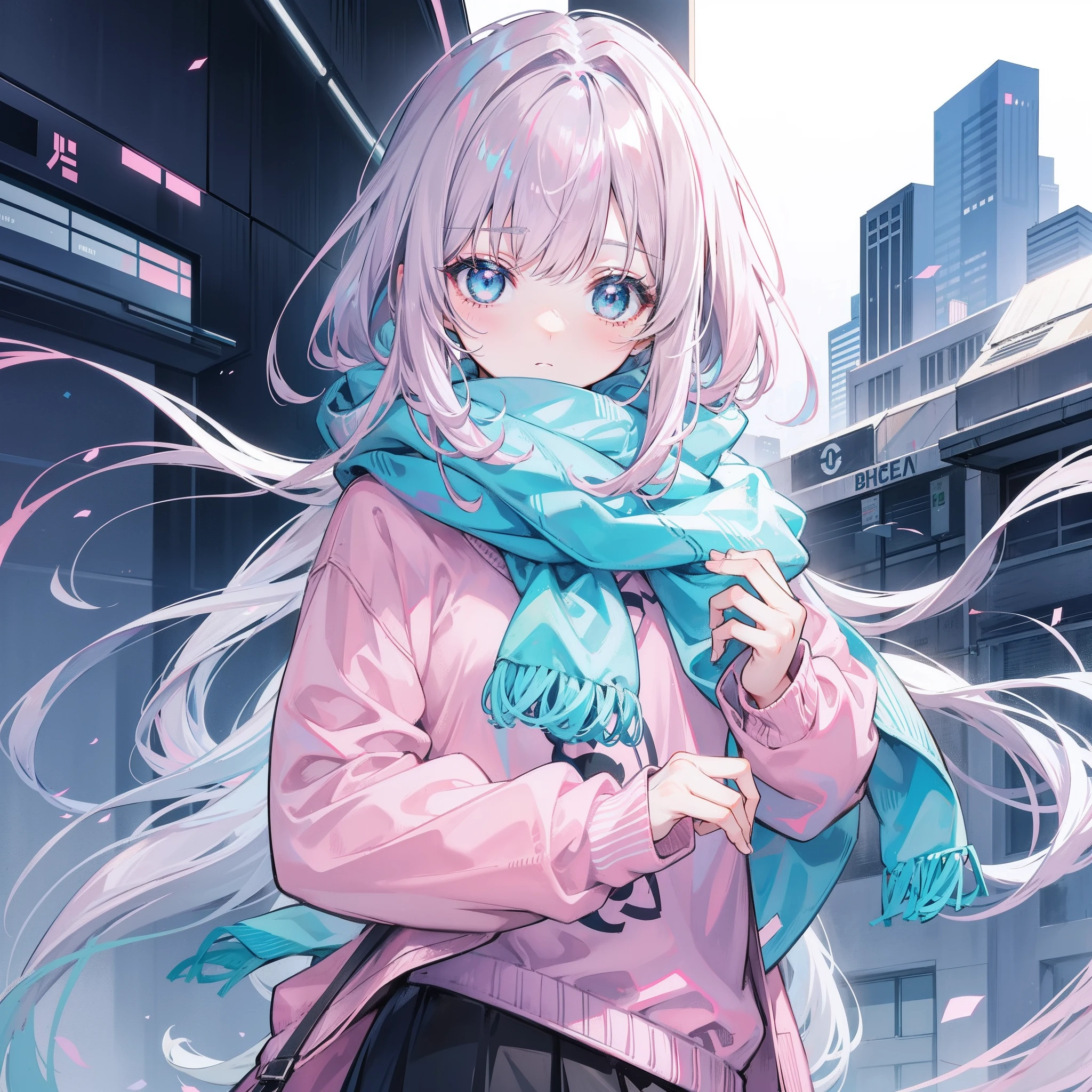 Gray-pink bangs,Blue-green pupils,Wear a silver-white jacket and pink sweater,Wearing a blue scarf,It's a cute girl