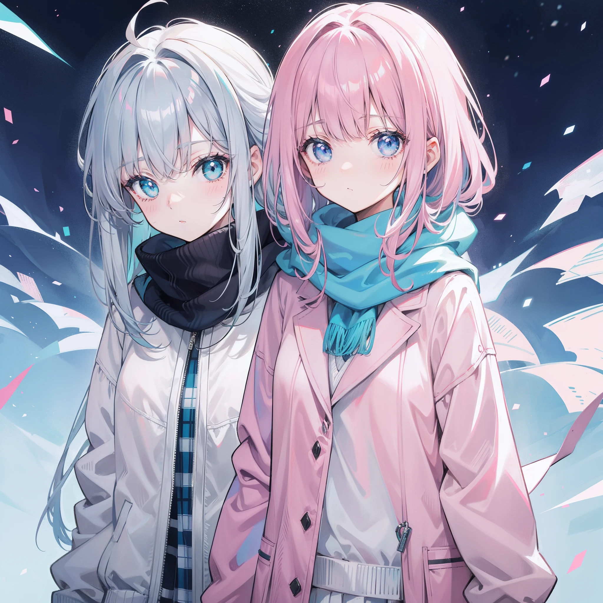 Gray-pink bangs，Blue-green pupils，Wear a silver-white jacket and pink sweater，Wearing a blue scarf，It's a cute girl