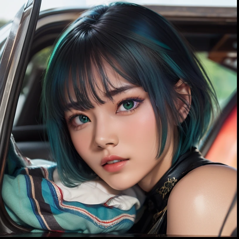 1 girls, yelan, green eyes, blue hair, short hair,realistic, ultra detail, 70mm lens