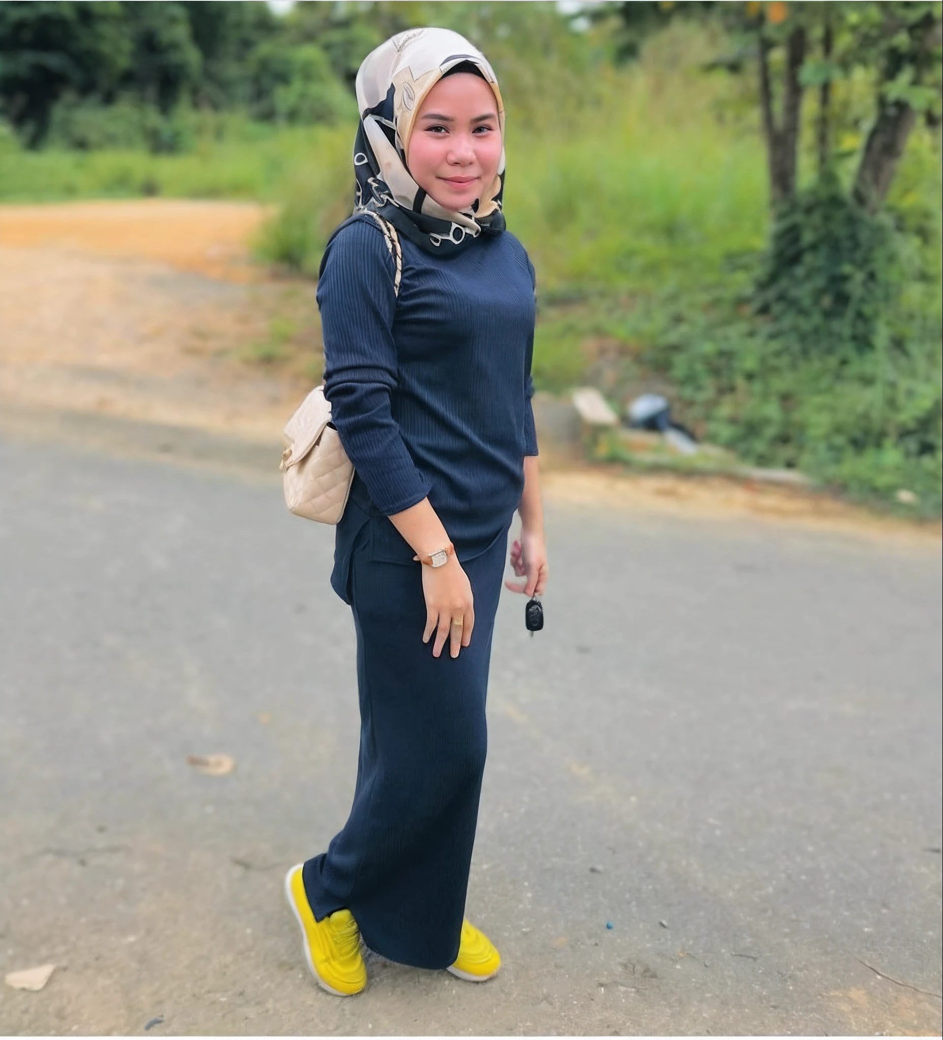 arafed woman in a blue dress and yellow shoes standing on a road, inspired by Naza, serena malyon, navy blue, inspired by Nazmi Ziya Guran, in blue and yellow clothes, hijab, casual pose, simple dress, blue outfit, full body picture, wearing track and field suit, inspired by Shaddy Safadi, in city street