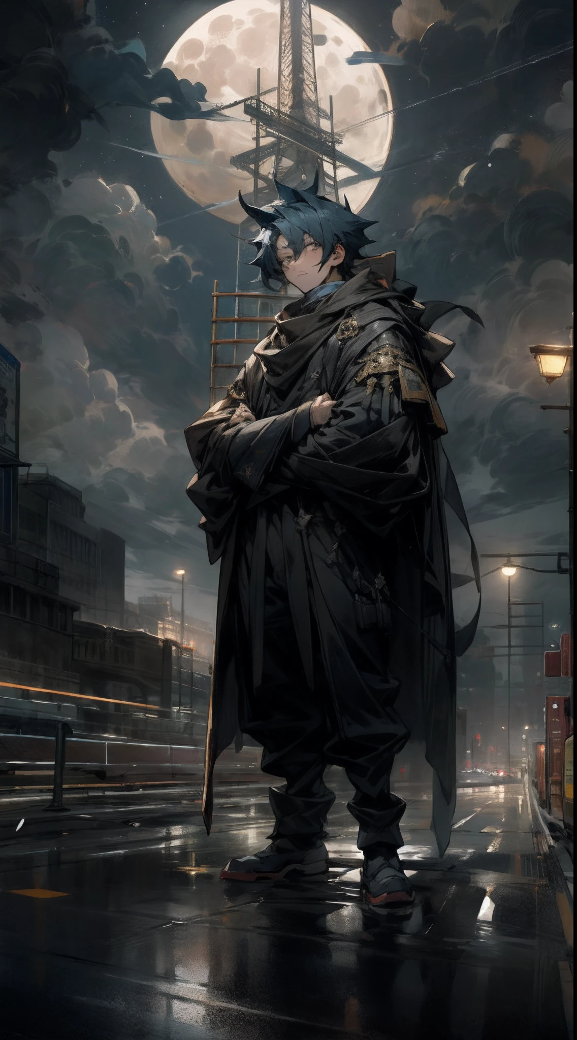1boy, only、 arms folded、FULL BODYSHOT、The beginning of the adventure、Very dark sky、Lots of clouds,heavy fog、starrysky、Big Moon,city of the future、dystopian、A group of very tall skyscrapers stands in the center、High-brightness radio tower、Crowded skyscrapers、street signs、streetlights、taxis、buses、Train、Pretty dim lighting、Dark road、puddles、fantastic landscape、hightquality、masutepiece,in 8K、