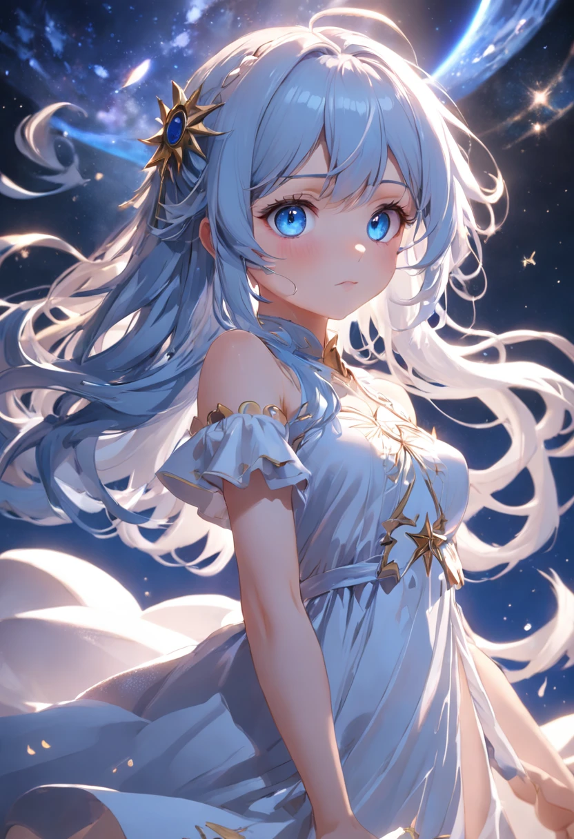 (extremely detailed CG unity 16k wallpaper:1.1), (Denoising strength: 1.45), (tmasterpiece:1.37), CG 8k wallpaper, amazing fine details and brush strokes, smooth, (((1girl))), extremely detailed, dynamic composition, motion, incredibly detailed, white court dress, , moonlight, beautiful, detailed eyes, blue eyes, long_curly_hair, hands behind back, highly detailed, solo, full, amazing, beautiful, finely detail, (stars), galaxy, ray trace, illustration, Depth of field, god rays, sparkle, glowing light, masterpiece, best quality  [white hair"blue hair:0.5]