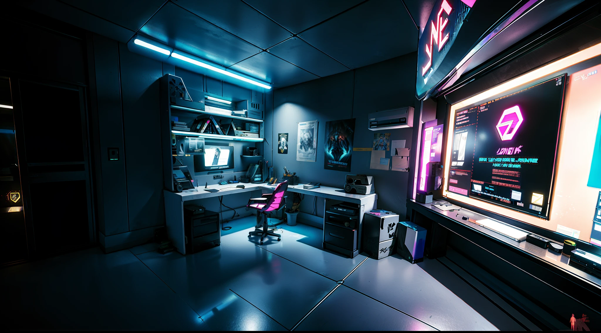 v'home, computer desk, neon lights, neon trim, hologram, (hiquality, beste-Qualit, hight resolution), (Ultimate Phtoreal Concept Art), White walls, beautiful design, On the recording table, tablet and flash drive, The lens is close to the table