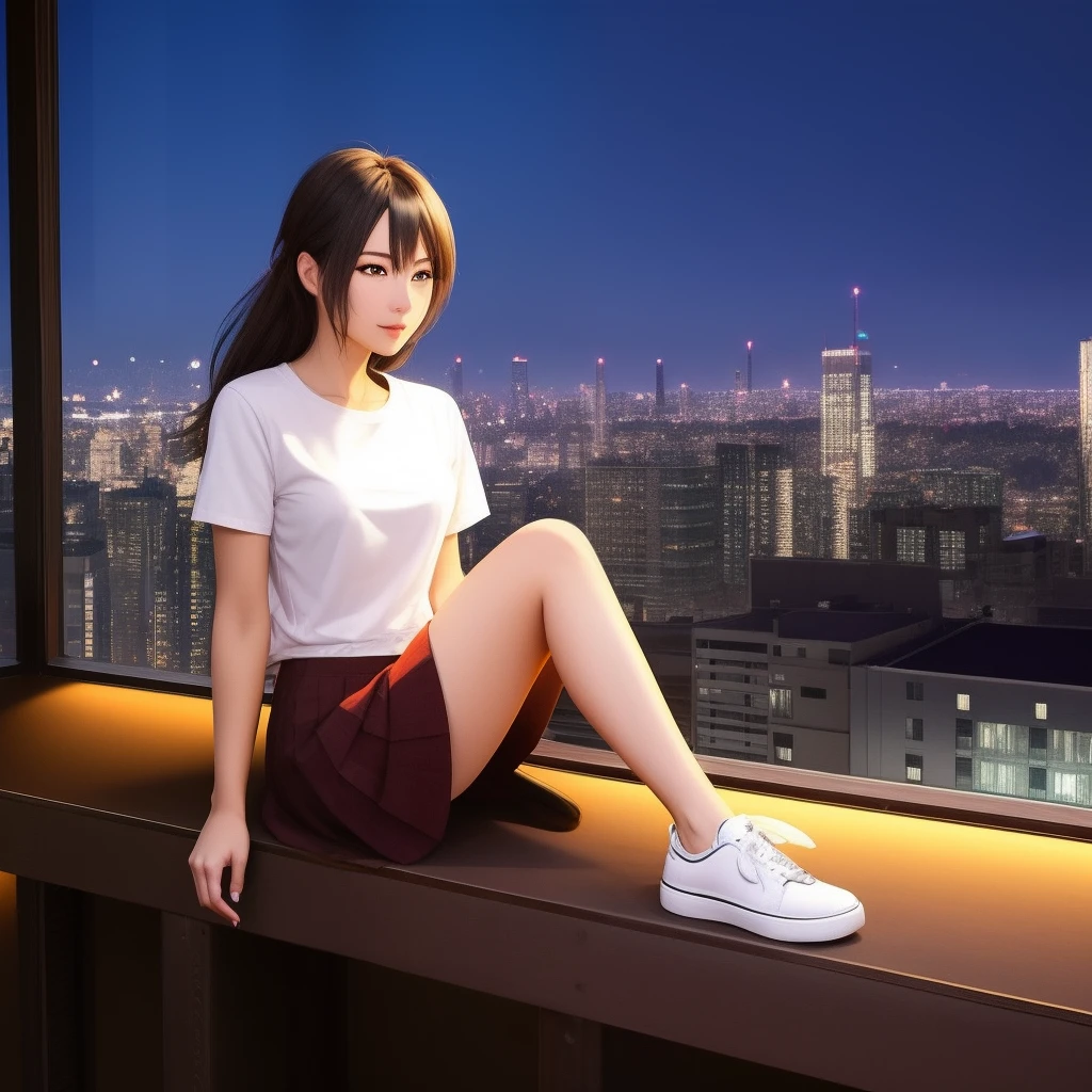 ((midynight, Acura, 8K, tmasterpiece: 1.3)), full bodyesbian, long leges, Focalors: 1.2, perfect figure beautiful woman: 1.4, Slim abs: 1.1, (dark brown hair,: 1.2 )), (Pink skinny T-shirt, short skirt,sitting on a stool: 1.2), (city night scene, the roof: 1.3)), Highly Detailed Face and Skin Textur, detailedeyes, 二重まぶた,