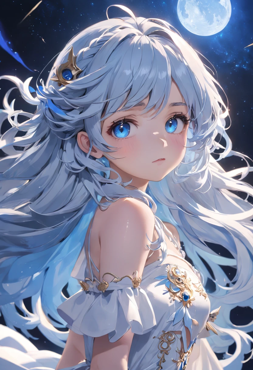 (extremely detailed CG unity 16k wallpaper:1.1), (Denoising strength: 1.45), (tmasterpiece:1.37), CG 8k wallpaper, amazing fine details and brush strokes, smooth, (((1girl))), extremely detailed, dynamic composition, motion, incredibly detailed, white court dress, loli, moonlight, beautiful, detailed eyes, blue eyes, long_curly_hair, hands behind back, highly detailed, solo, full, amazing, beautiful, finely detail, (stars), galaxy, ray trace, illustration, Depth of field, god rays, sparkle, glowing light, masterpiece, best quality  [white hair"blue hair:0.5]