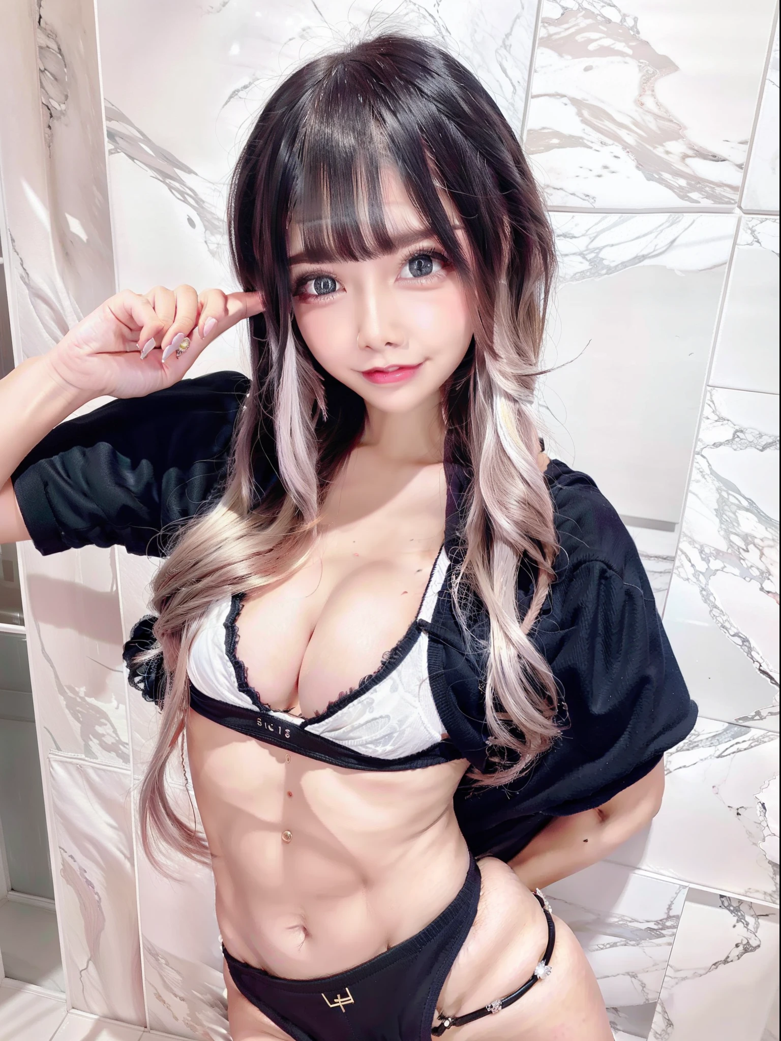 8k quality, delicate, super high res, 25, female, big tits, small face, gal, voluminous bob wavy hair, thin eyebrows, smile, big eyes, black lace underwear, double-piece, naturalistic, realistic painting style,