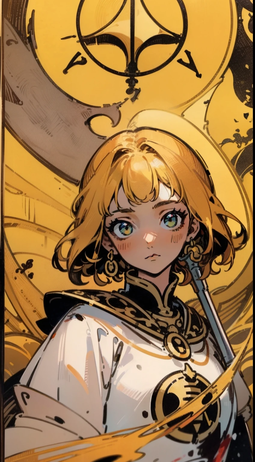(Masterpiece, Best quality;1.3),(tarot cards:1.2), 1female,female-focus,cabellos largos dorados, Young, Beautiful face, crusader, Solo, view the viewer, calligraphy characters, symetrical composition, long shadow, cloody moon,blood splattere, Ultra detailed