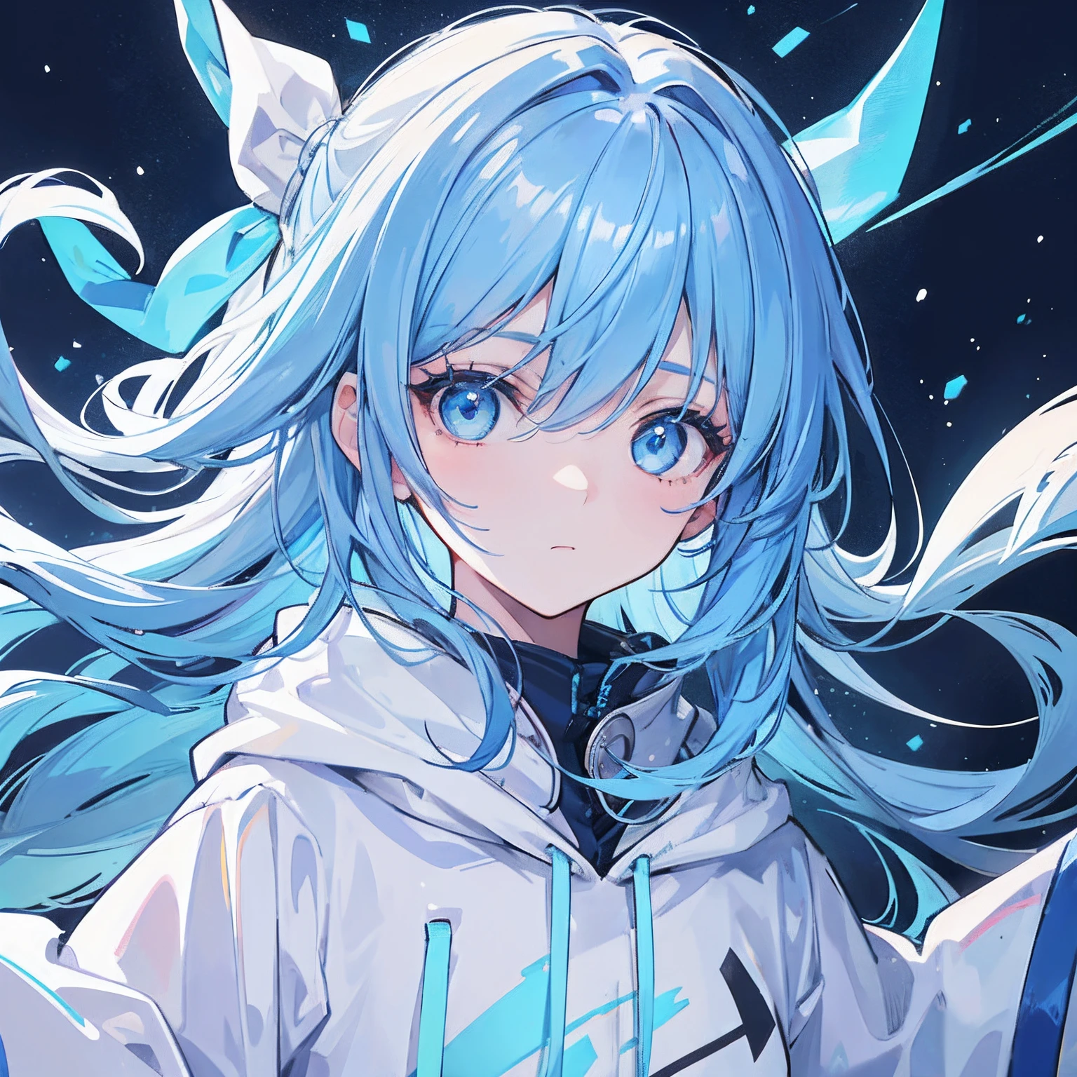 1girl, with light blue hair and blue eyes, wearing a hair ribbon and a blue and white hoodie. The scene is set in winter, with the girl looking directly at the viewer. This image can be used as a profile picture.City background.zoom-in on face.Masterpiece,high-quality,absurdres