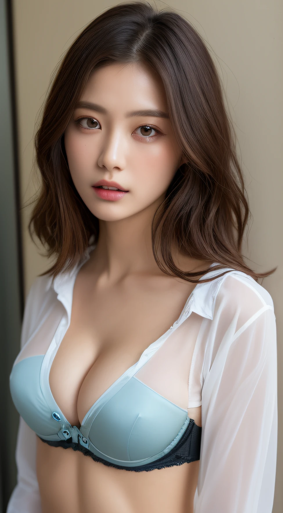 ((Best quality, 8k, Masterpiece :1.3)), (((upper body))); Sharp focus :1.2, A pretty woman with perfect figure :1.4, Slender abs :1.2, (((translucent button up long shirt :1.2))), ((show cleavage with bra:1.2)), ((Dark brown hair, Big breasts with bra :1.2)), City street:1.2, Highly detailed face and skin texture, Detailed eyes, Double eyelid, bra is seen under clothing