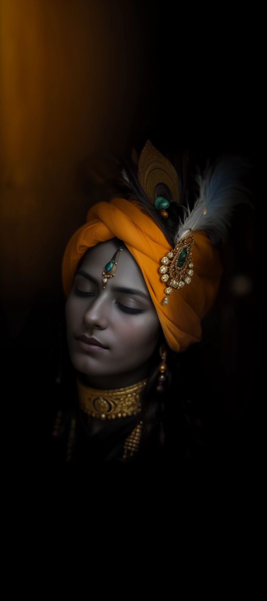 a close up of a person with a feather on their head, indian god, attractive male deity, color photograph portrait 4k, coy expression wearing intricate, an exhausted deity, serene expression, regal and menacing visage, his head covered in jewels, a stunning portrait of a goddess, peaceful expression, portrait of a beautiful goddess, closeup portrait shot, stylish deity