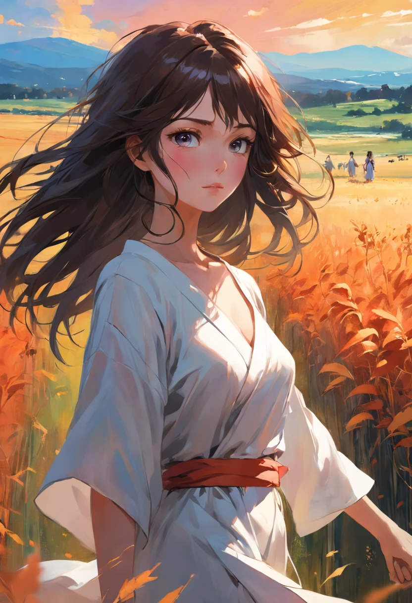 A beautiful brunette woman walks through a vast field of dreams, Digital painting, Digital illustration, Extreme detail, Digital art, 4K, Ultra HD, author:Michael Garmash, Ben Bauhau