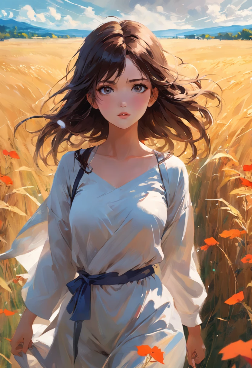 A beautiful brunette woman walks through a vast field of dreams, Digital painting,  Digital illustration,  Extreme detail,  Digital art,  4K,  Ultra HD, author：Michael Garmash, Ben Bauhau