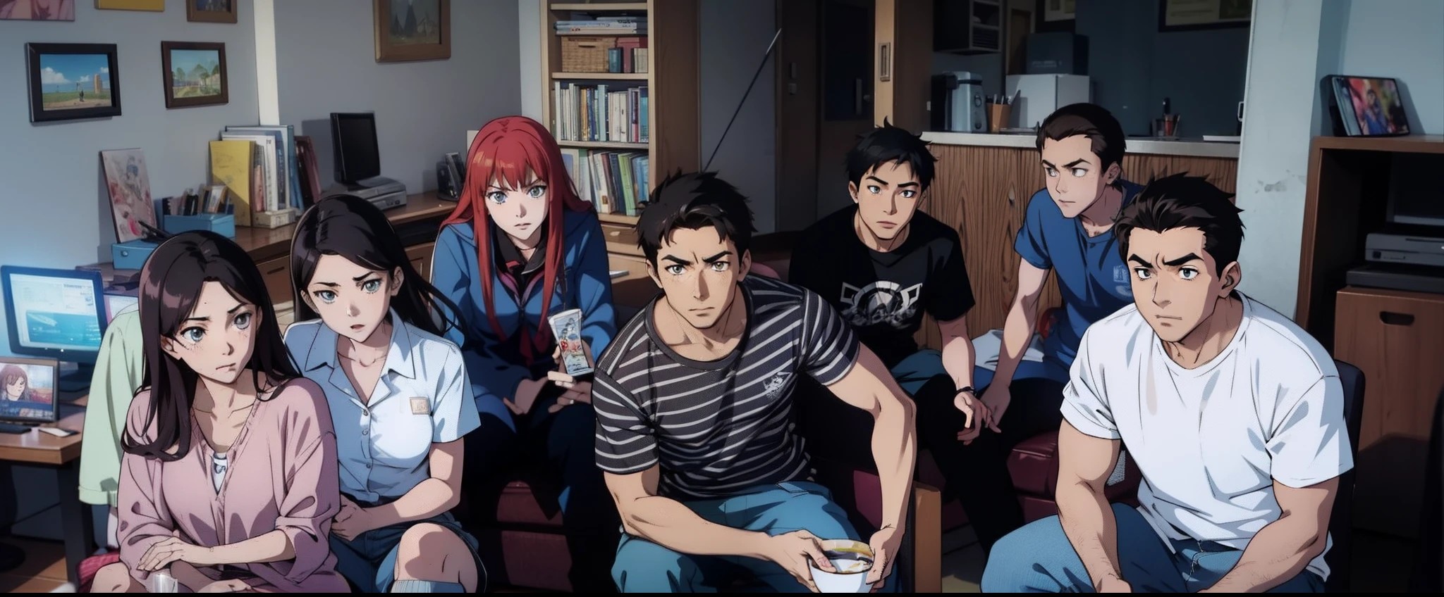 Anime scenes, A group of high school teens watching TV.