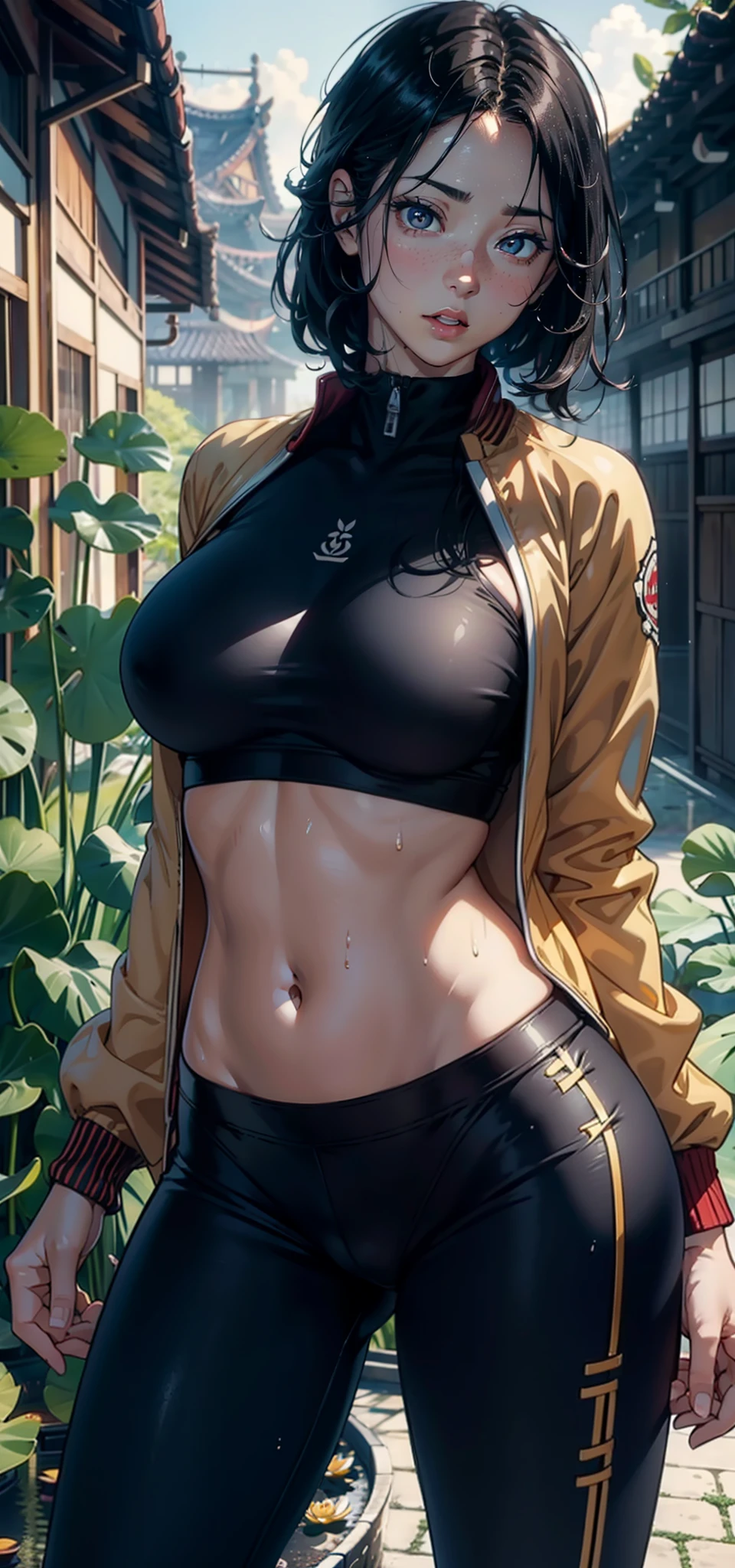 1female,35yo,熟妇,huge tit,独奏,(Background with:bamboo forrest,lotuses,lotus flower,exteriors,Lotus pond) She has short black hair,standing on your feet,Sweat profusely,drenched all over the body,seen from the front, hair straight, mostly cloudy sky,(((tmasterpiece),(Very detailed CG unity 8K wallpaper),best qualtiy,cinmatic lighting,detailed back ground,beatiful detailed eyes,Bright pupils,Black eyes,(Very fine and beautiful),(Beautiful and detailed eye description),ultra - detailed,tmasterpiece,)),facing at camera,A high resolution,ultra - detailed),revealing breasts,Bare genitalia, Bulge,legs are open,Raised sexy,Camel toes,Flushed complexion,Open-mouthed,frontage,(Wearing:black legging pants,Big red baseball jacket,fullnude,Gold wire embroidery,Naked of breast,Bare lower body,athletic sneakers)