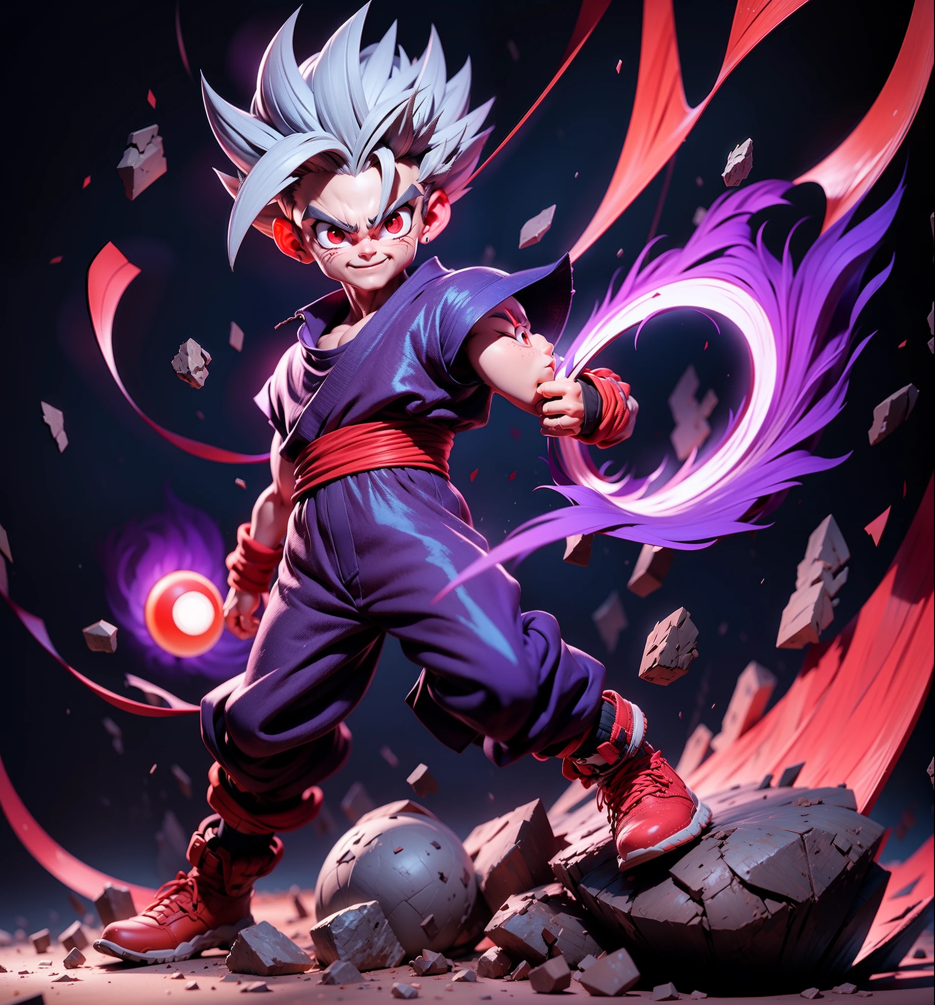 masterpiece, best quality, ultra-detailed, Adult Gohan 1boy, solo, Full body, evil smile, grey hair, spiked hair, (((red eyes))), (((perfect eyes))), (((PURPLE dougi))), full body, looking at viewer, male focus, earth \(planet\), planet, space, cracked ground and lots of rocks rising up, lots of debris going up, perfect hands . Cute, chibi,