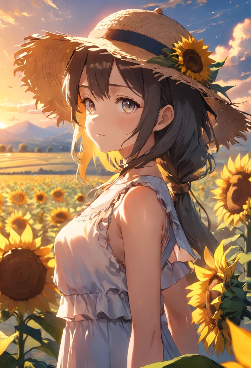 (extremely detailed CG unity 16k wallpaper:1.1), (Denoising strength: 1.45), (tmasterpiece:1.37), ((Girl in straw hat looking back in a field of sunflowers)), (backlight), (best illumination, best shadow, an extremely delicate and beautiful), Girl on the center axis of the picture, small breasts, ((Sunflowers with the ultimate in detail)), beautiful detailed sky, Perfect body, (beautiful detailed face), extremely delicate and beautiful girls, Sunflower fields at sunset, sunset, black hair, beautiful detailed cloud, (((extremely detailed CG unity 8k wallpaper, ultra-, god rays, sparkle, glowing light, masterpiece, best quality