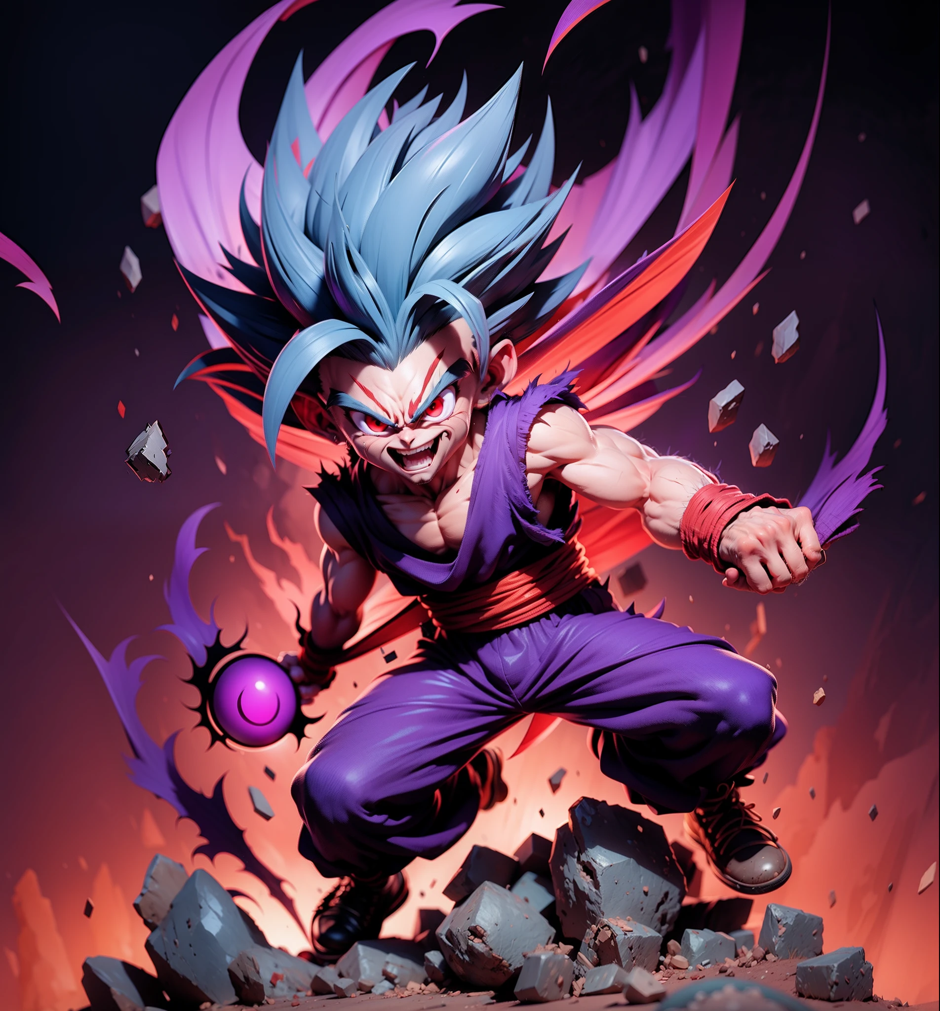 masterpiece, best quality, ultra-detailed, Adult Gohan 1boy, solo, Full body, evil smile, grey hair, spiked hair, (((red eyes))), (((perfect eyes))), (((PURPLE dougi))), full body, looking at viewer, male focus, earth \(planet\), planet, space, cracked ground and lots of rocks rising up, lots of debris going up, perfect hands . Cute, chibi,