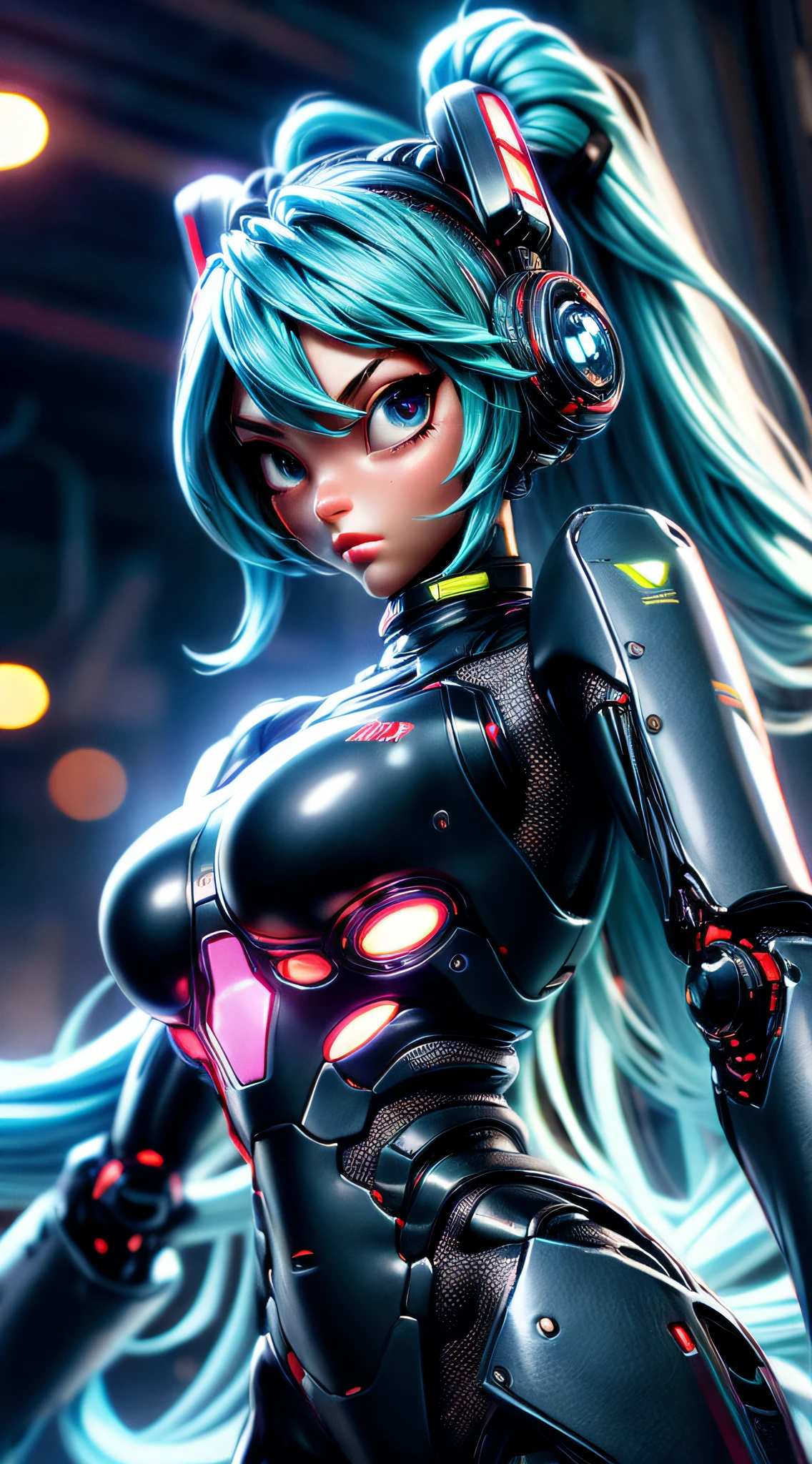 cgmech, beautiful eyes, upper body, underboob,  portrait, robot, armor, Hatsune Miku, neon light, 8K, RAW, best quality, masterpiece, ultra high res, colorful, (medium wide shot), (dynamic perspective), sharp focus , (depth of field, bokeh:1.3), extremely detailed eyes and face, beautiful detailed eyes,large breasts,(black gold, trimmed gear:1.2),(In a futuristic weapons factory:1.2), ((masterpiece, best quality)), Detailed background, spaceship interior