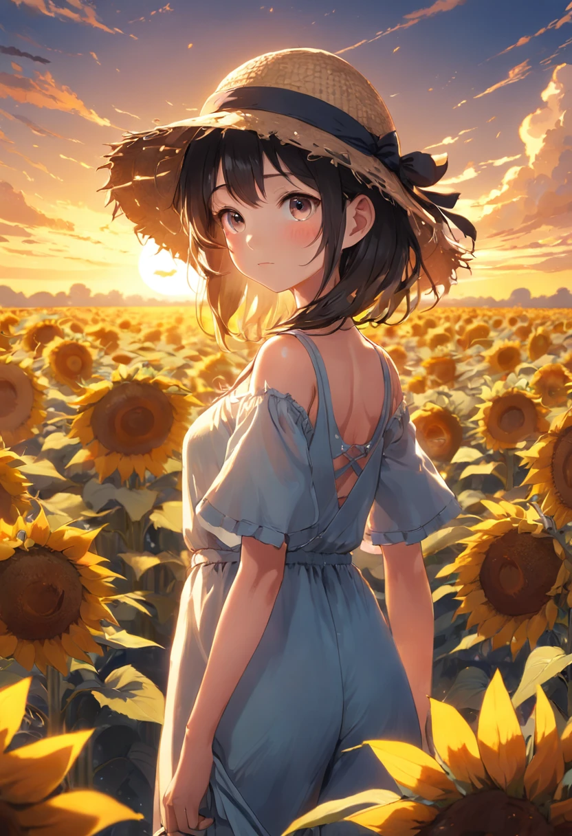 (extremely detailed CG unity 16k wallpaper:1.1), (Denoising strength: 1.45), (tmasterpiece:1.37), ((Girl in straw hat looking back in a field of sunflowers)), (backlight), (best illumination, best shadow, an extremely delicate and beautiful), Girl on the center axis of the picture, small breasts, ((Sunflowers with the ultimate in detail)), beautiful detailed sky, Perfect body, (beautiful detailed face), extremely delicate and beautiful girls, Sunflower fields at sunset, sunset, black hair, beautiful detailed cloud, (((extremely detailed CG unity 8k wallpaper, ultra-, god rays, sparkle, glowing light, masterpiece, best quality
