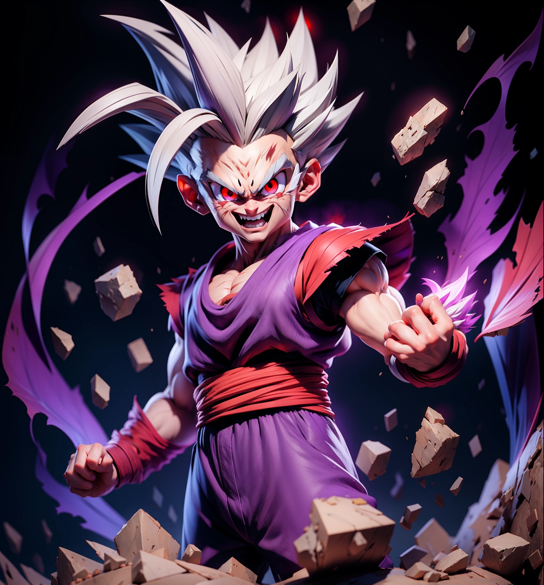 masterpiece, best quality, ultra-detailed, Adult Gohan 1boy, solo, Full body, evil smile, grey hair, spiked hair, (((red eyes))), (((perfect eyes))), (((PURPLE dougi))), full body, looking at viewer, male focus, earth \(planet\), planet, space, cracked ground and lots of rocks rising up, lots of debris going up, perfect hands . Cute, chibi,