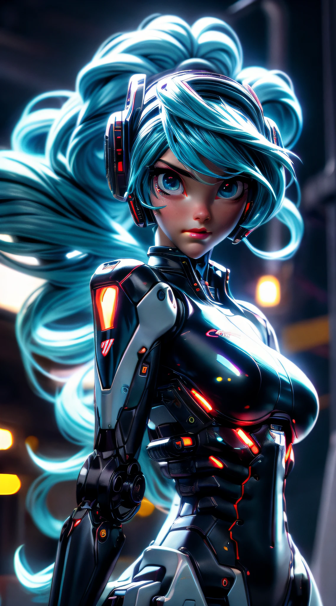 cgmech, beautiful eyes, upper body, underboob,  portrait, robot, armor, Hatsune Miku, neon light, 8K, RAW, best quality, masterpiece, ultra high res, colorful, (medium wide shot), (dynamic perspective), sharp focus , (depth of field, bokeh:1.3), extremely detailed eyes and face, beautiful detailed eyes,large breasts,(black gold, trimmed gear:1.2),(In a futuristic weapons factory:1.2), ((masterpiece, best quality)), Detailed background, spaceship interior