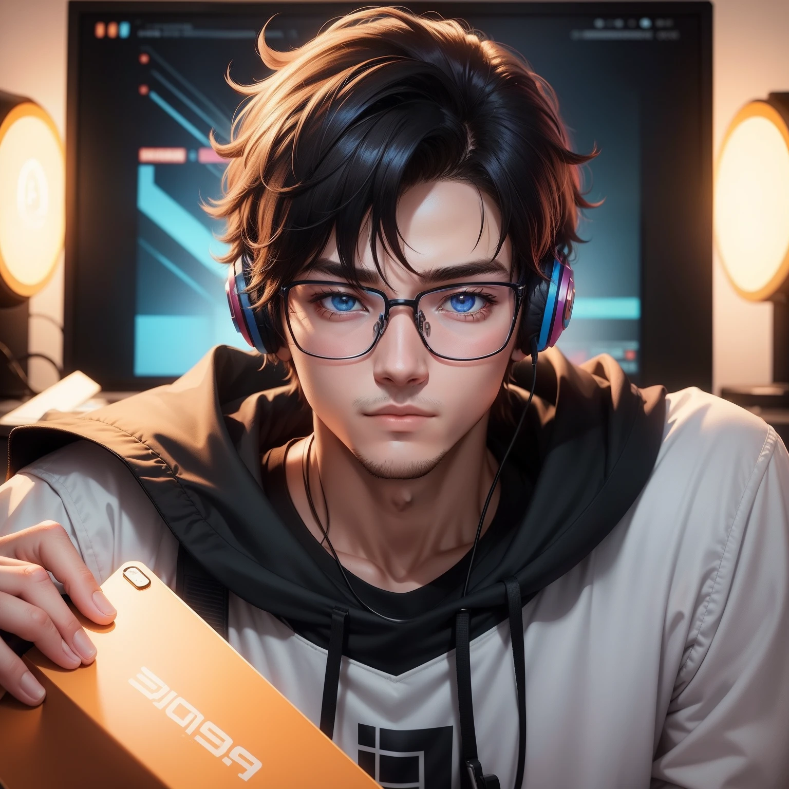 a man, 20 years old, gamer, streamer, he is wearing a headset, POV, 1990 anime style, prescription glasses, high quality, vibrant colors,