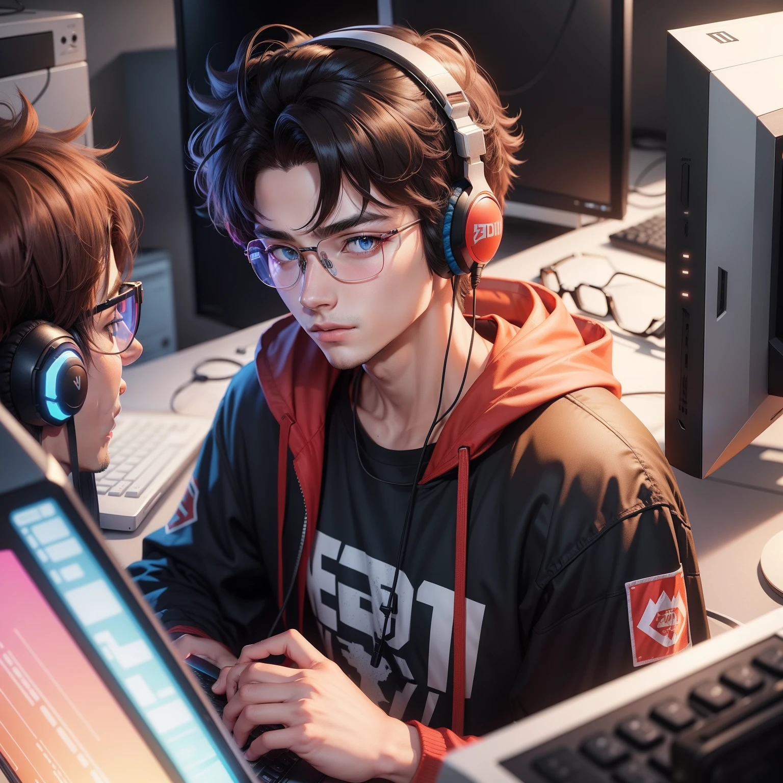 a man, 20 years old, gamer, streamer, he is wearing a headset, POV, 1990 anime style, prescription glasses, high quality, vibrant colors,
