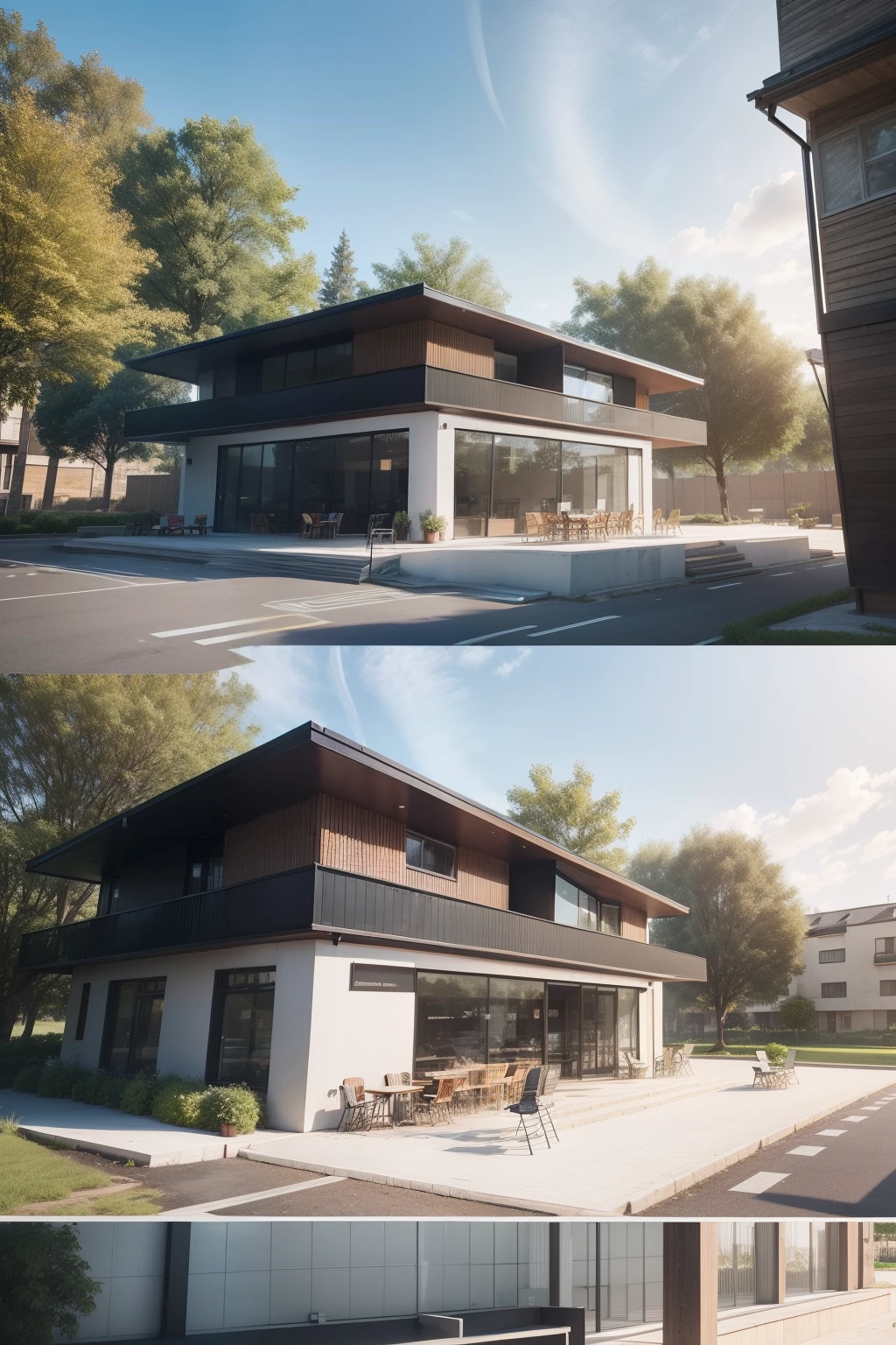 Create me 3D images of architecture.
The land area is 50 meters long and 30 meters wide.
I want a 2-story coffee shop made of prefabricated materials. On the left, front, and back are parking areas. The right side is decorated with trees, outdoor tables and chairs, short grass, paving stones, aquarium.
Simple, young cafe style