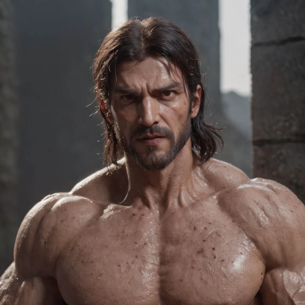 (Professional 3D Rendering:1.3) ng (realisitic:1.3) Photos of the most beautiful works in the world,It features a soft, shiny male hero., ((Epic Hero Fantasy Muscle Man Rough and wet hero Angry long hair, short beard, Ferocious expression in a dynamic pose, Fantastic location, majestic cluttered environment)), Full-body 8K integrated rendering, action shot, Skin pores, very dark lighting, Heavy shading, detailed, Detailed face, (lively, photograph realistic, realisitic, Dramatic, Dark, Sharp focus, 8K), (Old leather garments damaged by weathering:1.4), ((((Wearing fur)))), (intrikate:1.4), Decadent, (highly detaild:1.4), digital painting, rendering by octane, Art Station, concept-art, silky, Sharp focus, Illustration, Art germs, (Roysh:0.23), Wlop Ilya Kuvshinov, Greg Rutkowski and Alphonse Mucha Gracias, (Global Illumination, Studio Light, Bolchetic Light), Heavy rain, Floating particles, villainess, Fantasy, elf, full bodyesbian, ((Dark and ancient city background:1.3)),CG Society,Art Station