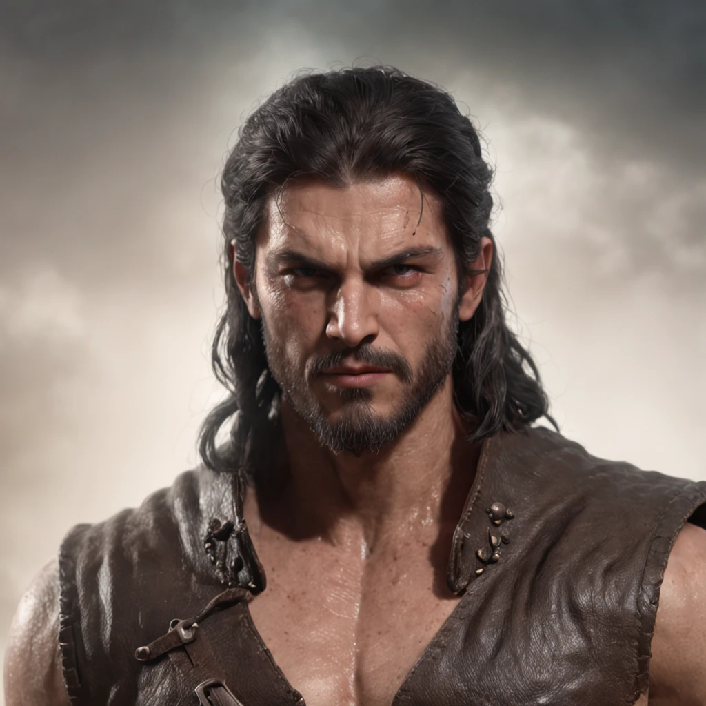 (Professional 3D Rendering:1.3) ng (realisitic:1.3) Photos of the most beautiful works in the world，It features a soft, shiny male hero., ((Epic Hero Fantasy Muscle Man Rough and wet hero Angry long hair, short beard, Ferocious expression in a dynamic pose, Fantastic location, majestic cluttered environment)), Full-body 8K integrated rendering, action shot, Skin pores, very dark lighting, Heavy shading, detailed, Detailed face, (lively, photograph realistic, realisitic, Dramatic, Dark, Sharp focus, 8K), (Old leather garments damaged by weathering:1.4), ((((Wearing fur)))), (intrikate:1.4), Decadent, (highly detaild:1.4), digital painting, rendering by octane, Art Station, concept-art, silky, Sharp focus, Illustration, Art germs, (Roysh:0.23), Wlop Ilya Kuvshinov, Greg Rutkowski and Alphonse Mucha Gracias, (Global Illumination, Studio Light, Bolchetic Light), Heavy rain, Floating particles, villainess, Fantasy, elf, full bodyesbian, ((Dark and ancient city background:1.3)),CG Society,Art Station