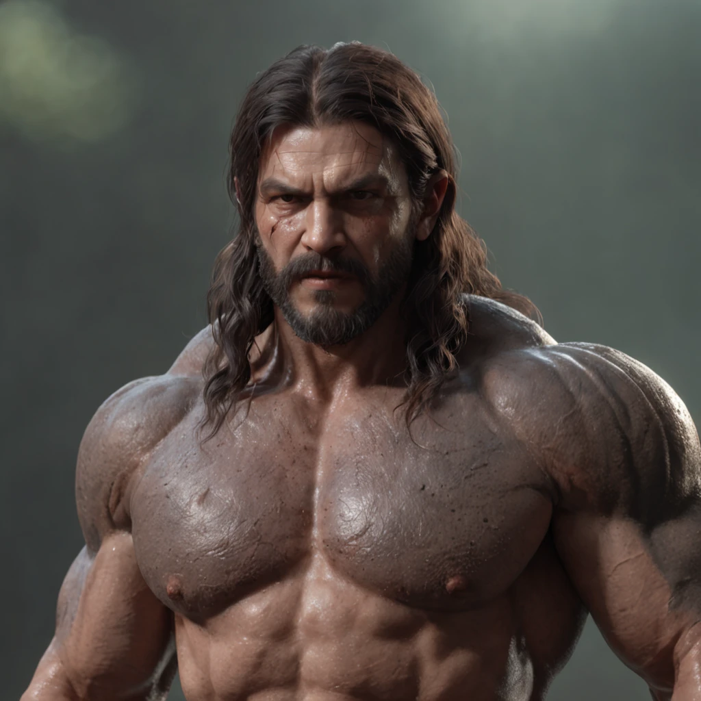 (Professional 3D Rendering:1.3) ng (realisitic:1.3) Photos of the most beautiful works in the world,It features a soft, shiny male hero., ((Epic Hero Fantasy Muscle Man Rough and wet hero Angry long hair, short beard, Ferocious expression in a dynamic pose, Fantastic location, majestic cluttered environment)), Full-body 8K integrated rendering, action shot, Skin pores, very dark lighting, Heavy shading, detailed, Detailed face, (lively, photograph realistic, realisitic, Dramatic, Dark, Sharp focus, 8K), (Old leather garments damaged by weathering:1.4), ((((Wearing fur)))), (intrikate:1.4), Decadent, (highly detaild:1.4), digital painting, rendering by octane, Art Station, concept-art, silky, Sharp focus, Illustration, Art germs, (Roysh:0.23), Wlop Ilya Kuvshinov, Greg Rutkowski and Alphonse Mucha Gracias, (Global Illumination, Studio Light, Bolchetic Light), Heavy rain, Floating particles, villainess, Fantasy, elf, full bodyesbian, ((Dark and ancient city background:1.3)),CG Society,Art Station