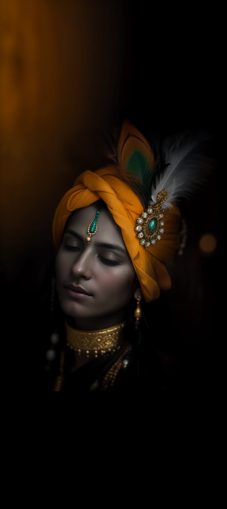 a close up of a person with a feather on their head, indian god, attractive male deity, color photograph portrait 4k, coy expression wearing intricate, an exhausted deity, serene expression, regal and menacing visage, his head covered in jewels, a stunning portrait of a goddess, peaceful expression, portrait of a beautiful goddess, closeup portrait shot, stylish deity