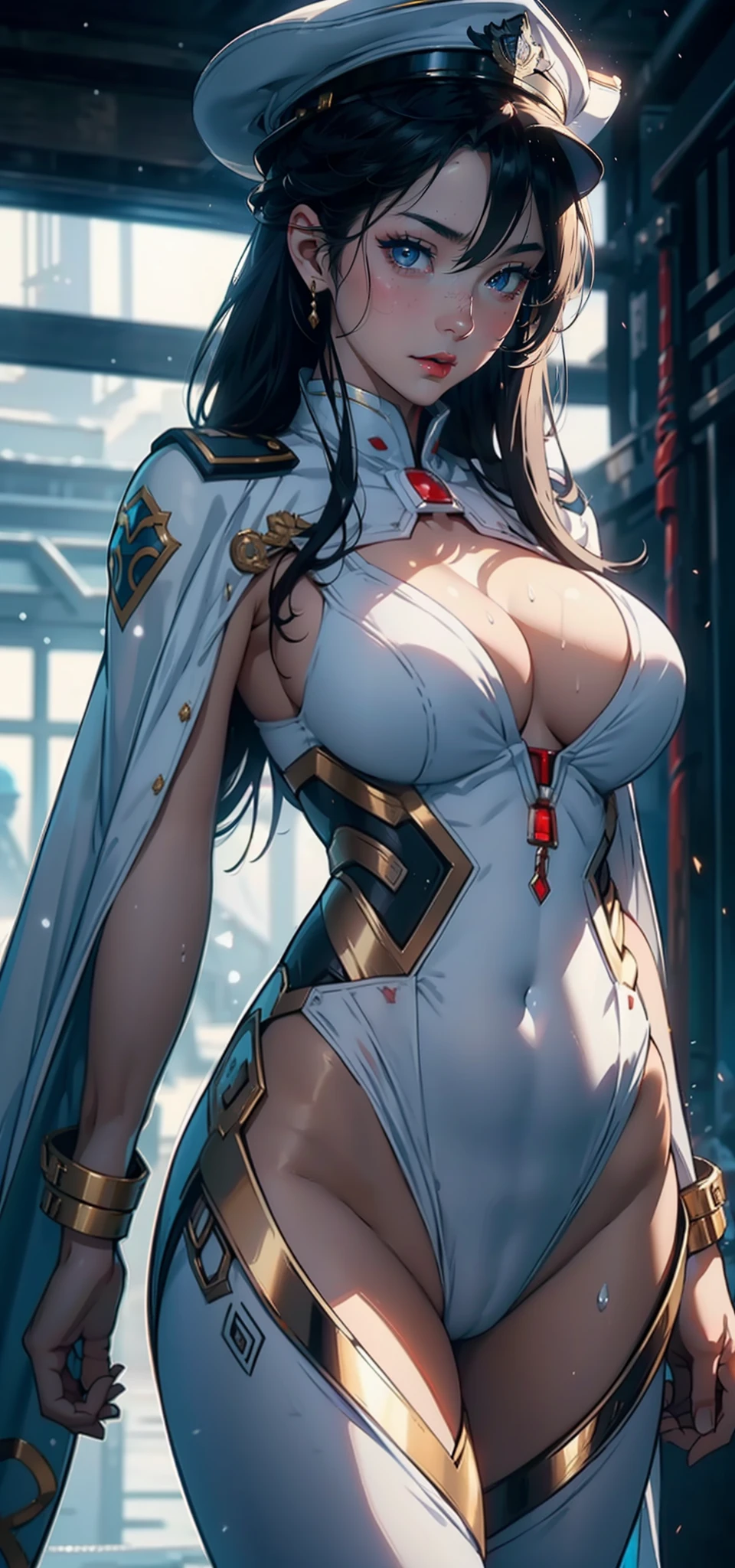 1womanl,33yo,熟妇,mature,extremely large bosom,Big breasts Thin waist,long leges,Raised sexy,Pornographic exposure, 独奏,Beauty contests,standing on your feet(Background with:the sea,snow mountains,warships,at winter season,Blizzarding,Big snowflakes)On warships, She has long black hair,Long hair flutters in the wind,Redlip,dynamicposes,Sweat profusely,drenched all over the body,seen from the front, hair straight, mostly cloudy sky,(((tmasterpiece),(Very detailed CG unity 8K wallpaper),best qualtiy,cinmatic lighting,detailed back ground,beatiful detailed eyes,Bright pupils,(Very fine and beautiful),(Beautiful and detailed eye description),Blue eyes,Redlip,ultra - detailed,tmasterpiece,)),facing at camera,(The upper part of the body),A high resolution,ultra - detailed),revealing breasts,Bare genitalia, Bulge,legs are open,sexyposture,Camel toes,Flushed complexion,Open-mouthed,frontage,Japanese officer,Officer's cap,(Wearing:White cloak,Down jacket White officer transparent uniform,Sexy leggings,Bare breasts,Bare genitalia,Armour,Gold wire embroidery,Snowflake decoration,Iron Man uniform,Sci-fi futuristic style)