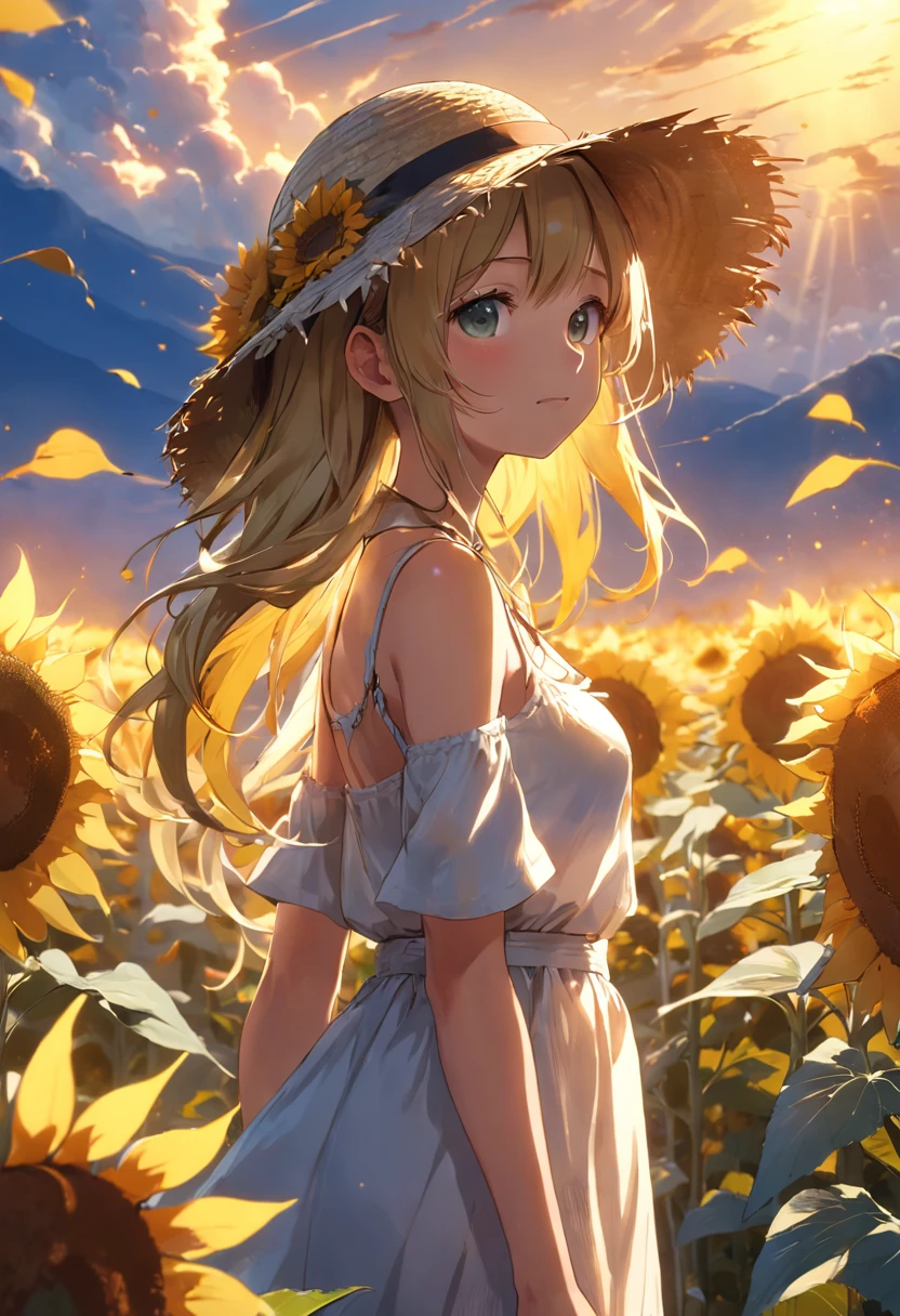 (extremely detailed CG unity 16k wallpaper:1.1), (Denoising strength: 1.45), (tmasterpiece:1.37), ((Girl in straw hat looking back in a field of sunflowers)), (backlight), (best illumination, best shadow, an extremely delicate and beautiful), Girl on the center axis of the picture, small breasts, ((Sunflowers with the ultimate in detail)), beautiful detailed sky, Perfect body, (beautiful detailed face), extremely delicate and beautiful girls, Sunflower fields at sunset, sunset, black hair, beautiful detailed cloud, (((extremely detailed CG unity 8k wallpaper, ultra-, god rays, sparkle, glowing light, masterpiece, best quality