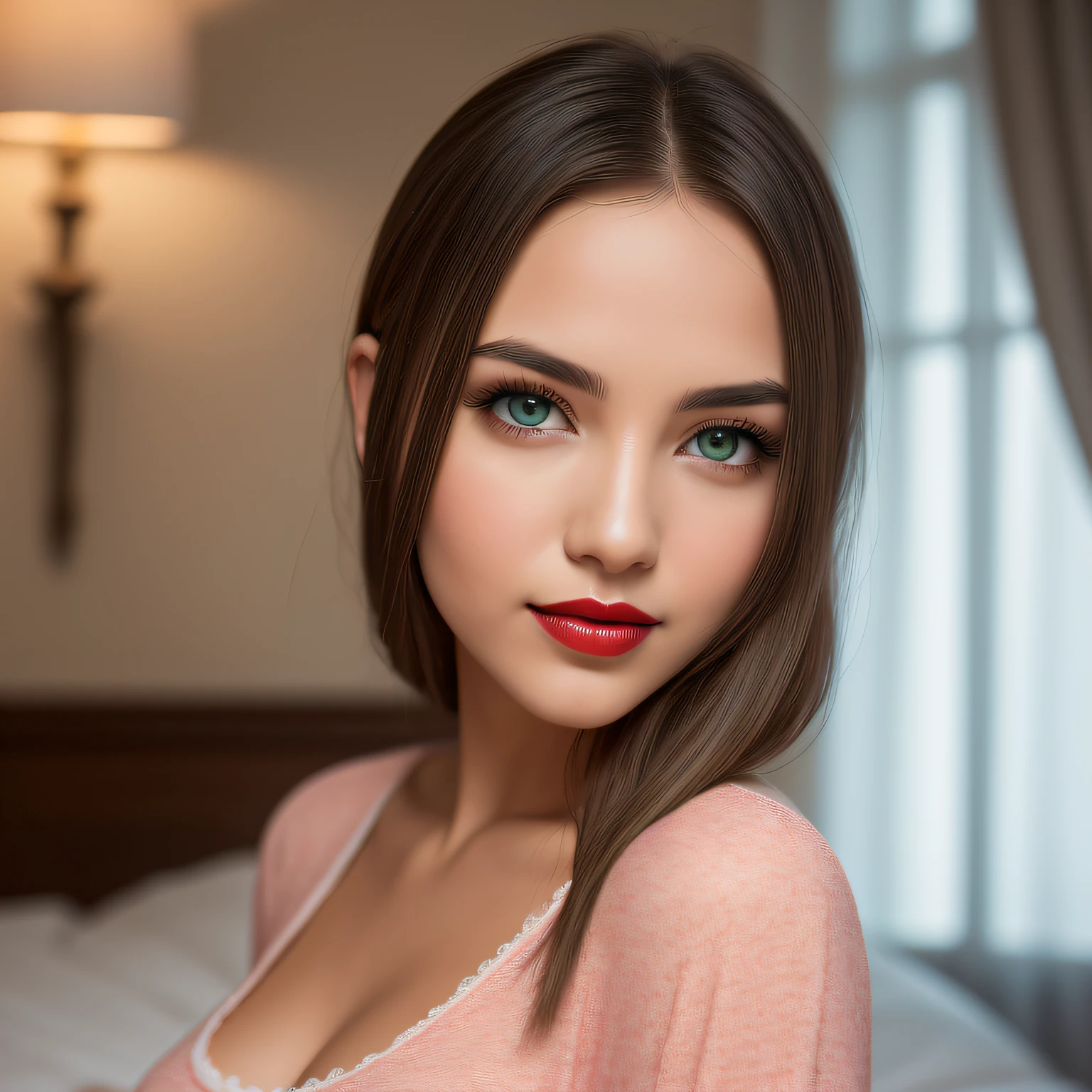 A young and beautiful woman, brown hair that falls gently in waves up to the shoulders, big boobs, average height, big green eyes, fair skin, she's in her pajamas, she's in her bed, doing skin care before bed, The environment is illuminated with lights of warm and pleasant colors making your hair shine, your face is naturally serene, lips with red lipstick, Texture 8K, highly detailed, realistic, soft Cinematic Light, HDR, sharp fokus, masterpiece, photorealistic, photography award-winning, Canon EOS R5, 35mm