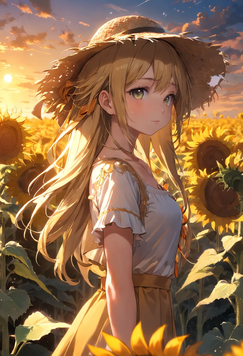 (extremely detailed CG unity 16k wallpaper:1.1), (Denoising strength: 1.45), (tmasterpiece:1.37), ((Girl in straw hat looking back in a field of sunflowers)), (backlight), (best illumination, best shadow, an extremely delicate and beautiful), Girl on the center axis of the picture, small breasts, ((Sunflowers with the ultimate in detail)), beautiful detailed sky, Perfect body, (beautiful detailed face), extremely delicate and beautiful girls, Sunflower fields at sunset, sunset, black hair, beautiful detailed cloud, (((extremely detailed CG unity 8k wallpaper, ultra-, god rays, sparkle, glowing light, masterpiece, best quality